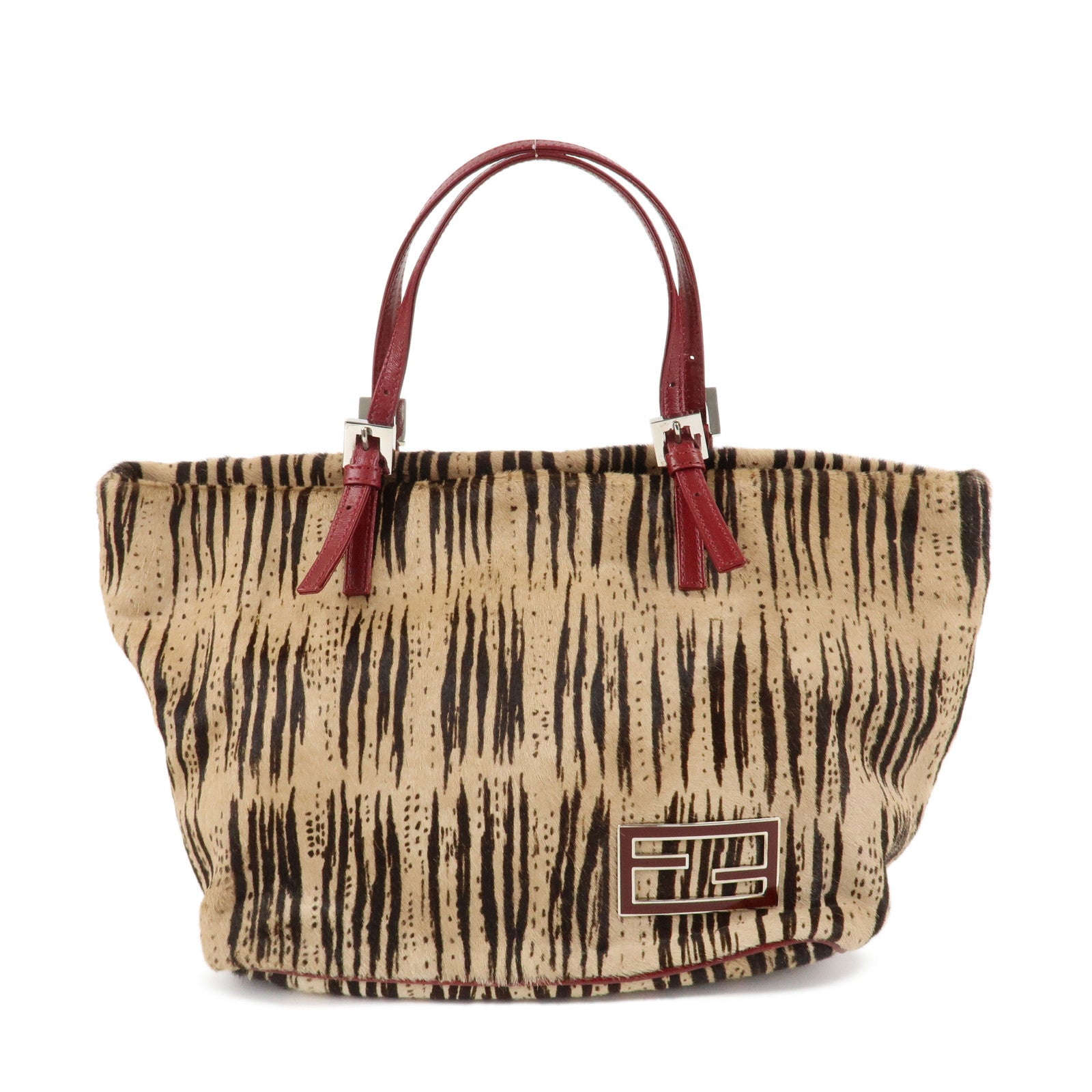 FENDI Leather Unborn Calf Tote Bag Hand Bag Zebra Brown Red Used