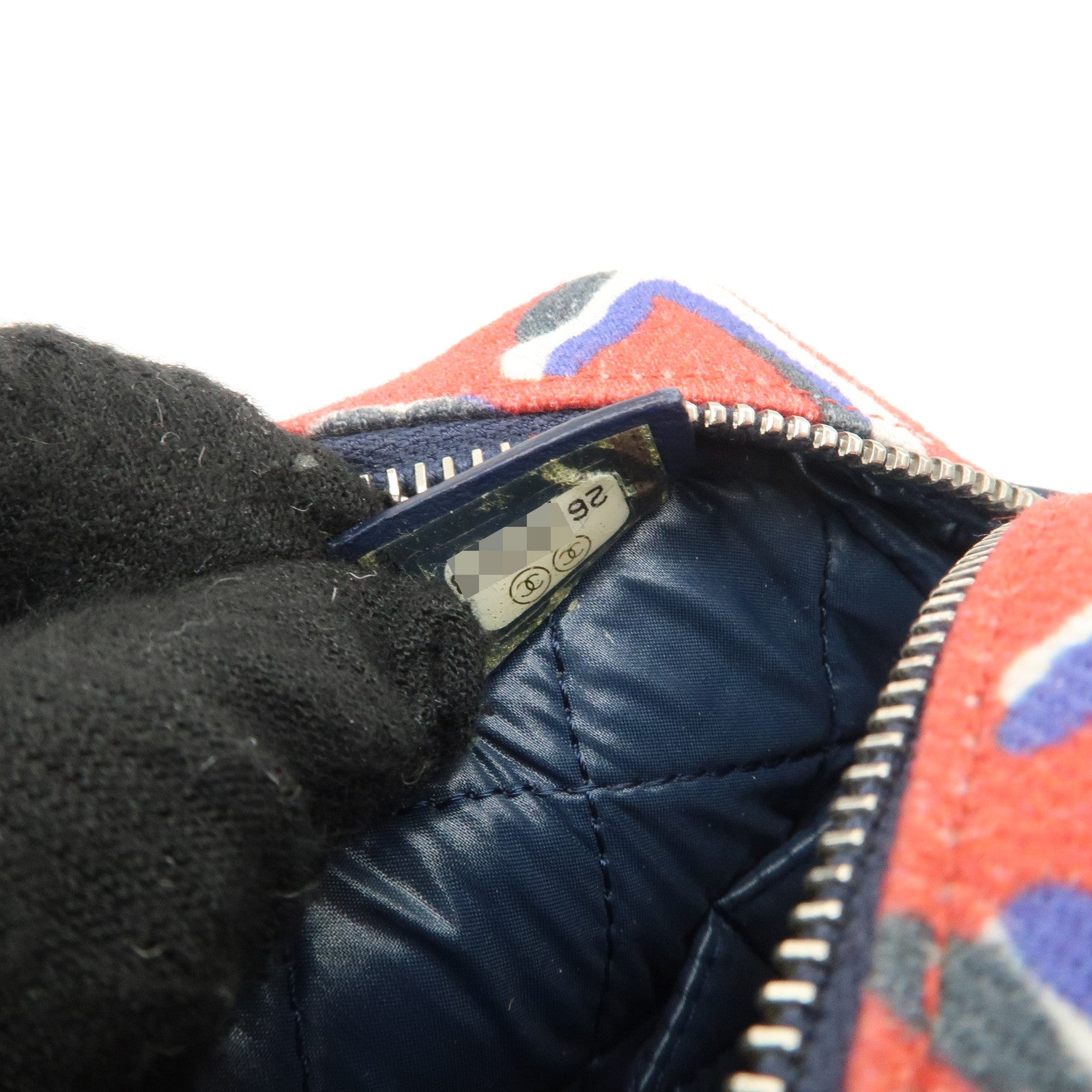 CHANEL COCO Mark COCO Beach Canvas Pouch Red Navy Silver HDW Used