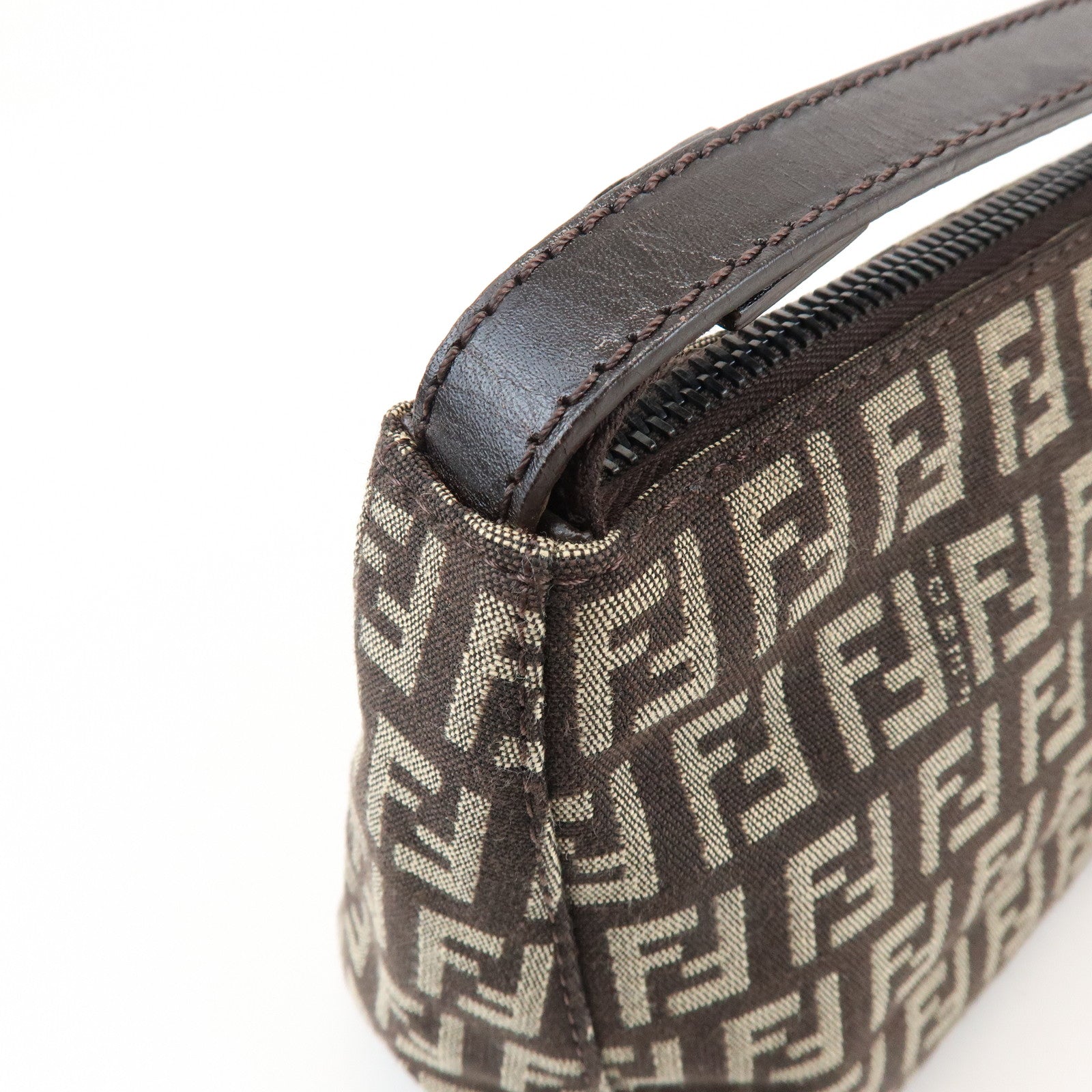 FENDI Zucchino Canvas Leather Hand Bag Pouch Bag Brown 8N00001