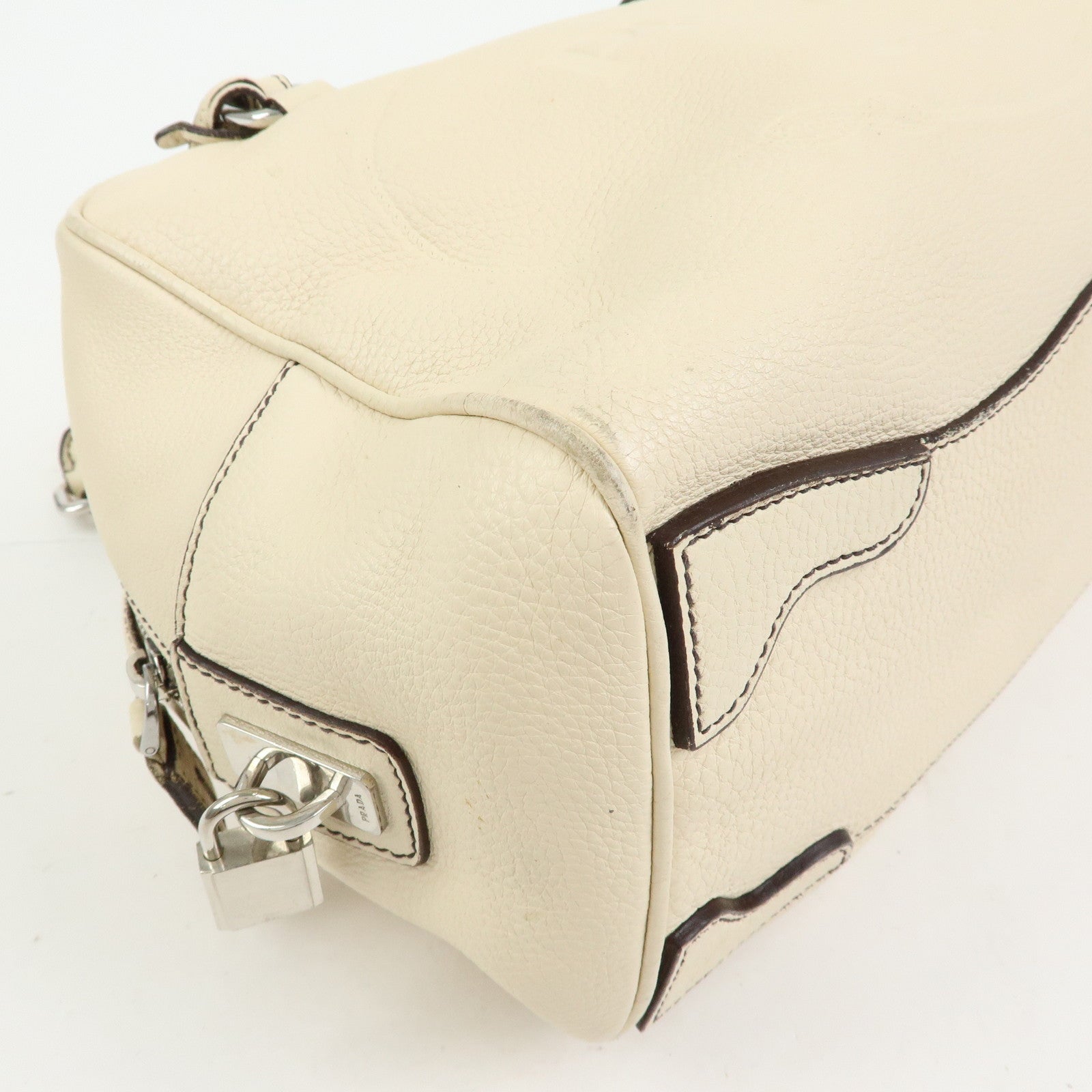 PRADA Vitello Daino Leather Boston Bag Shoulder Bag Ivory BR3091