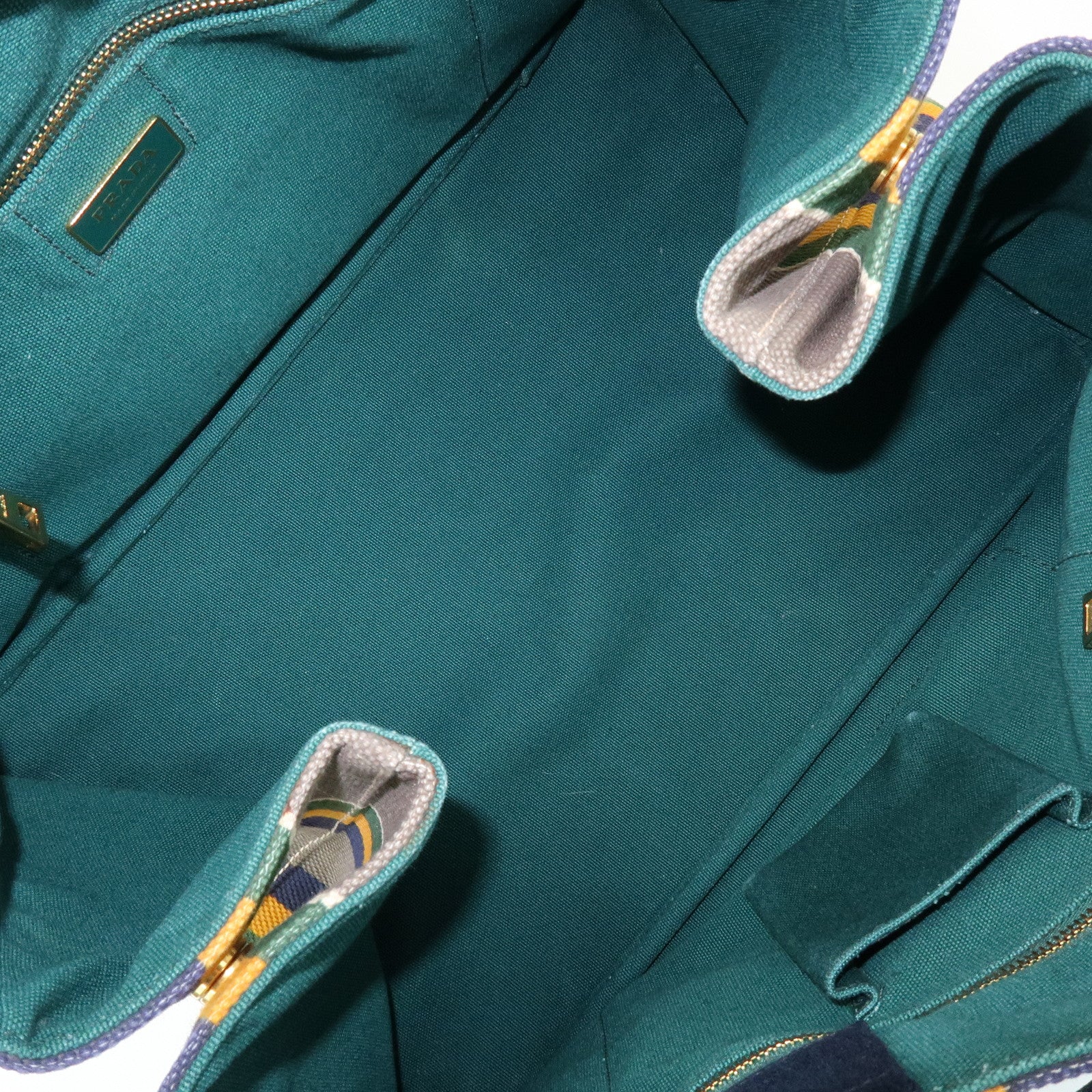 PRADA Canapa Large Tote Bag Hand Bag Green Yellow Navy BN1872