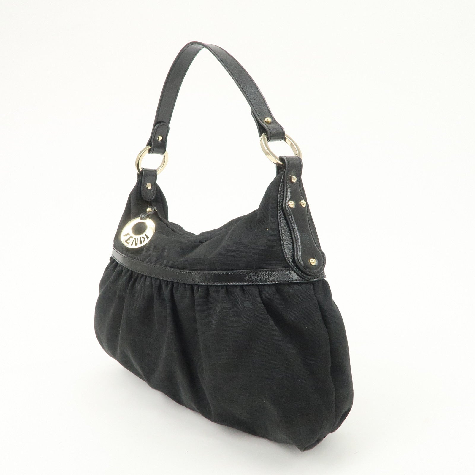 FENDI Zucca Canvas Leather Gathered Shoulder Bag Black 8BR448