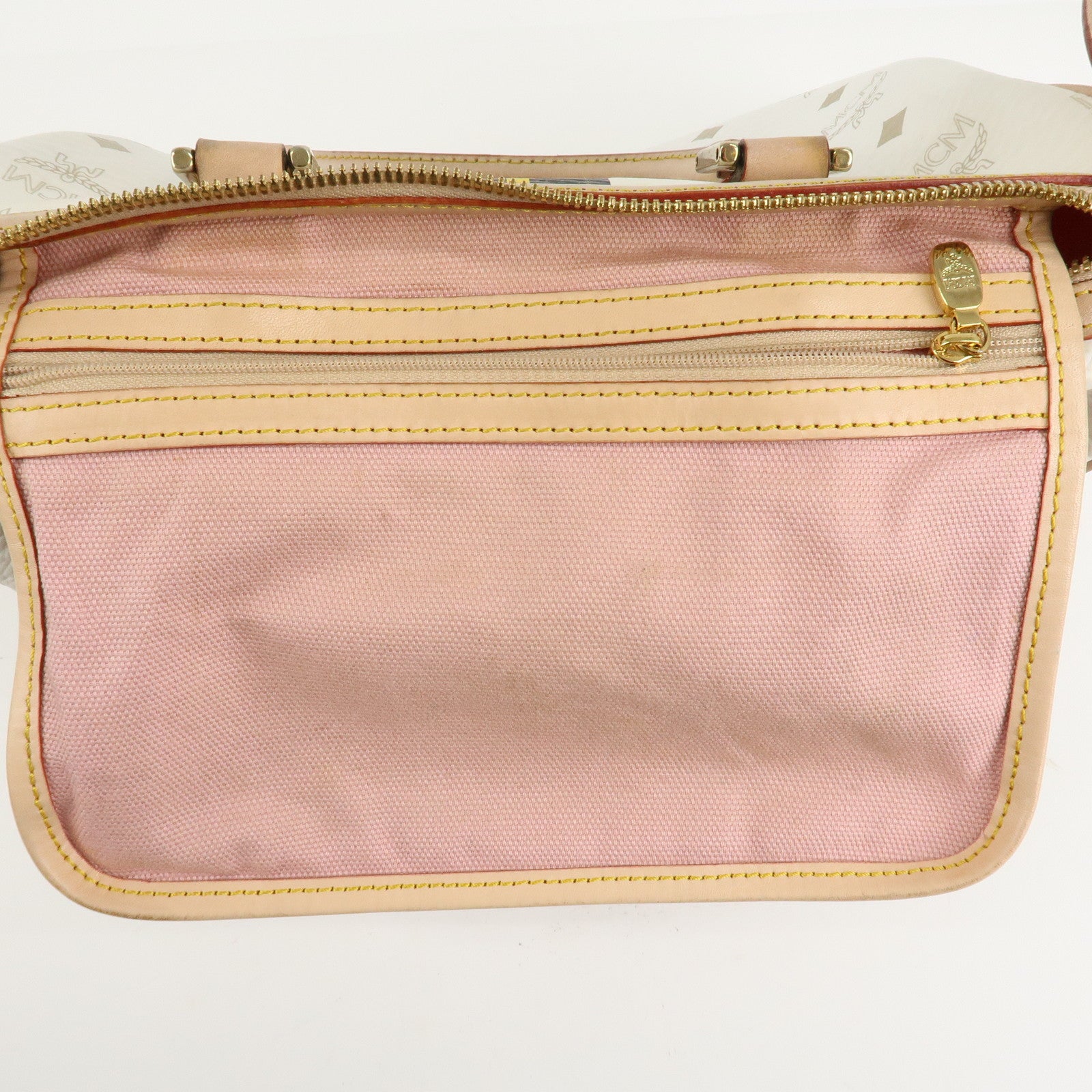 MCM Visetos Leather Boston Bag Hand Bag Beige White Used