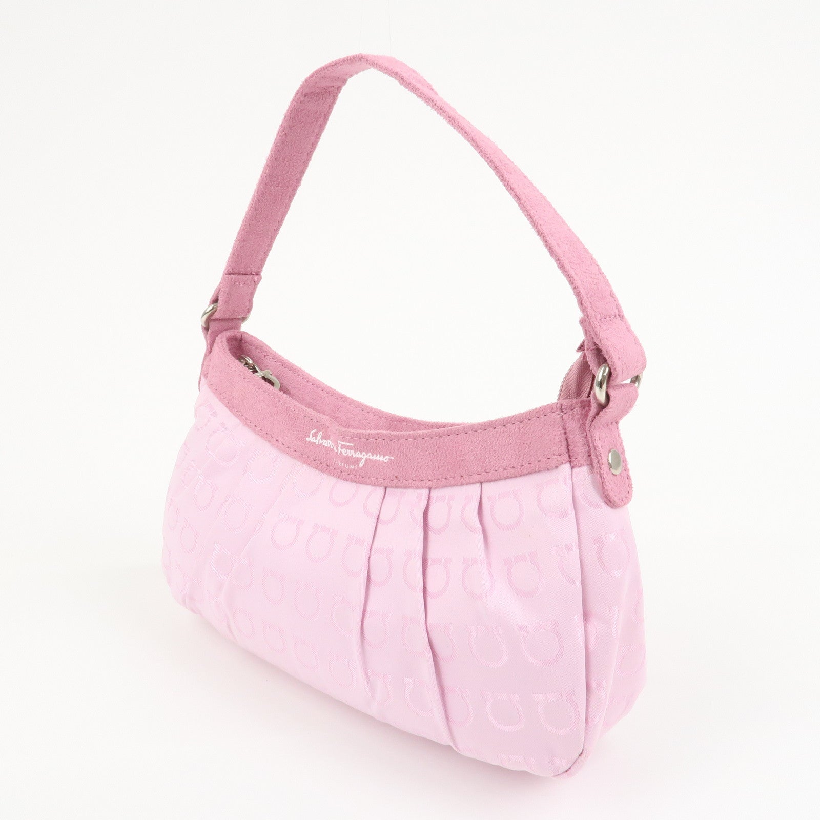 Ferragamo Gancini Nylon Suede Hand Bag Pouch Pink