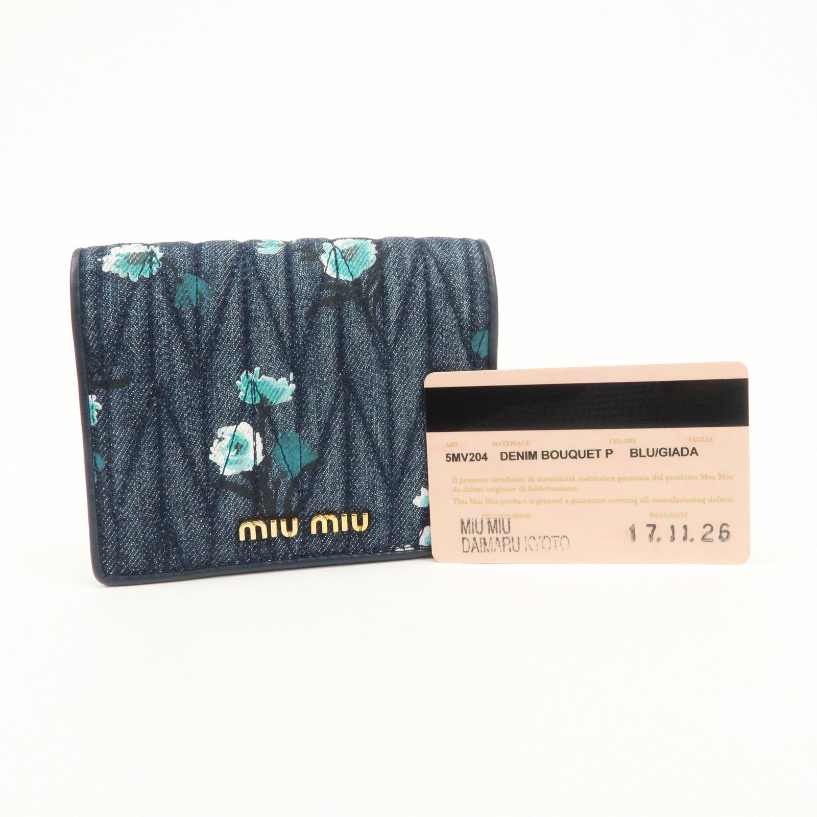 MIU MIU Matelasse Denim Leather Bi-fold Compact Wallet Indigo Blue 5MV204