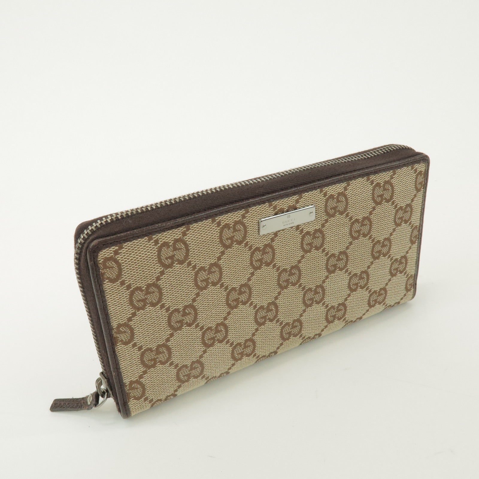 GUCCI GG Canvas Leather Round Zippy Long Wallet Beige Brown 112724