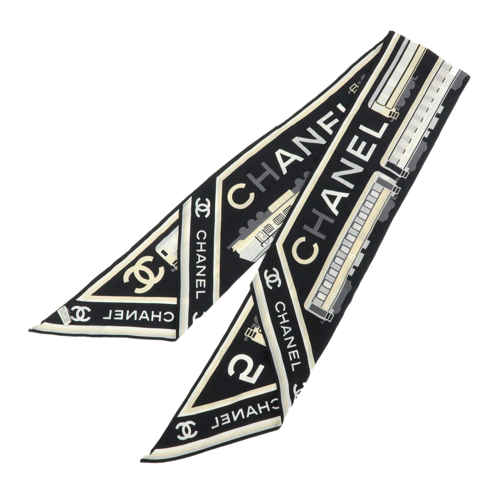 CHANEL COCO Mark Silk100% Train Scarf Shawl Black