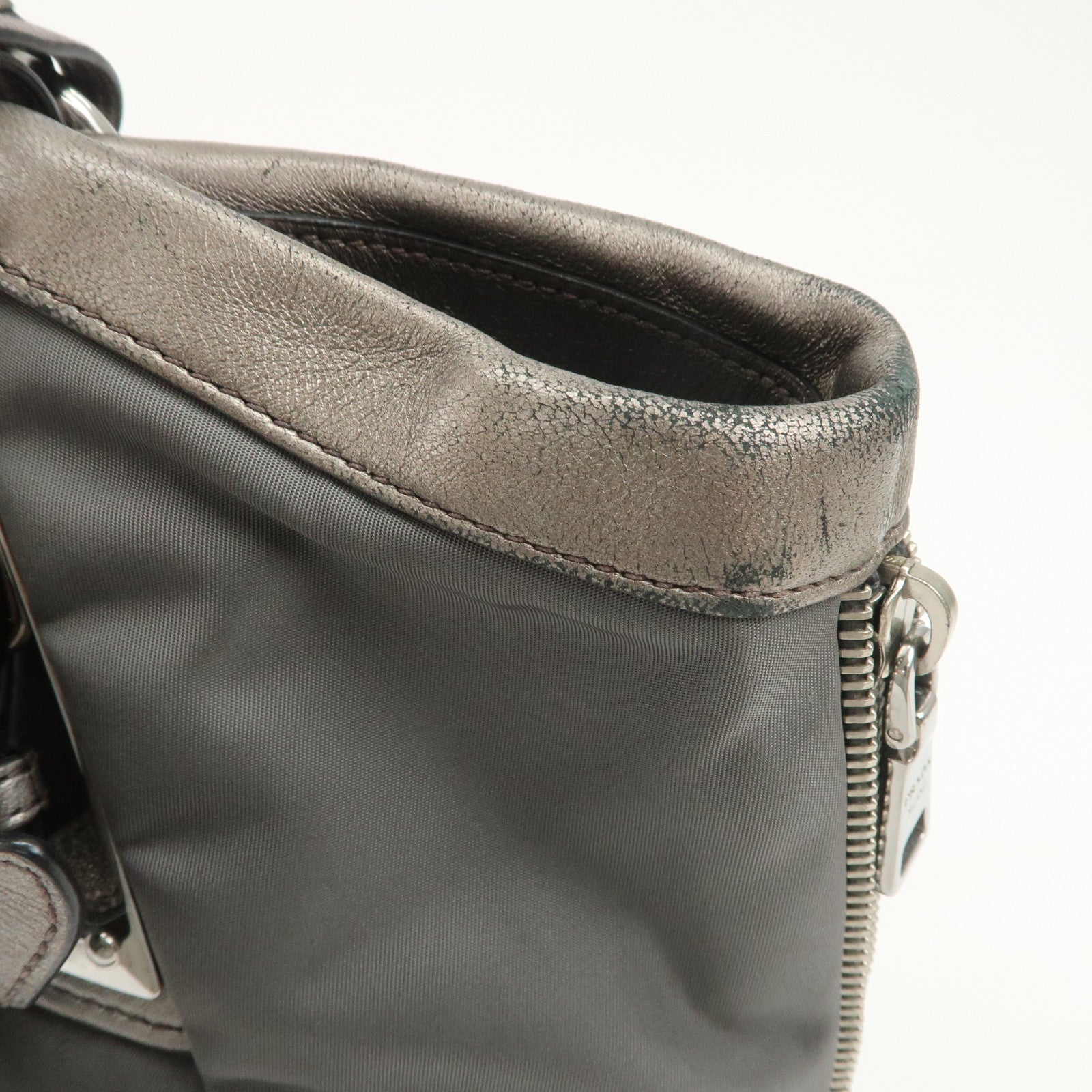 PRADA Logo Nylon Leather Tote Bag Shoulder Bag Gray BR4007