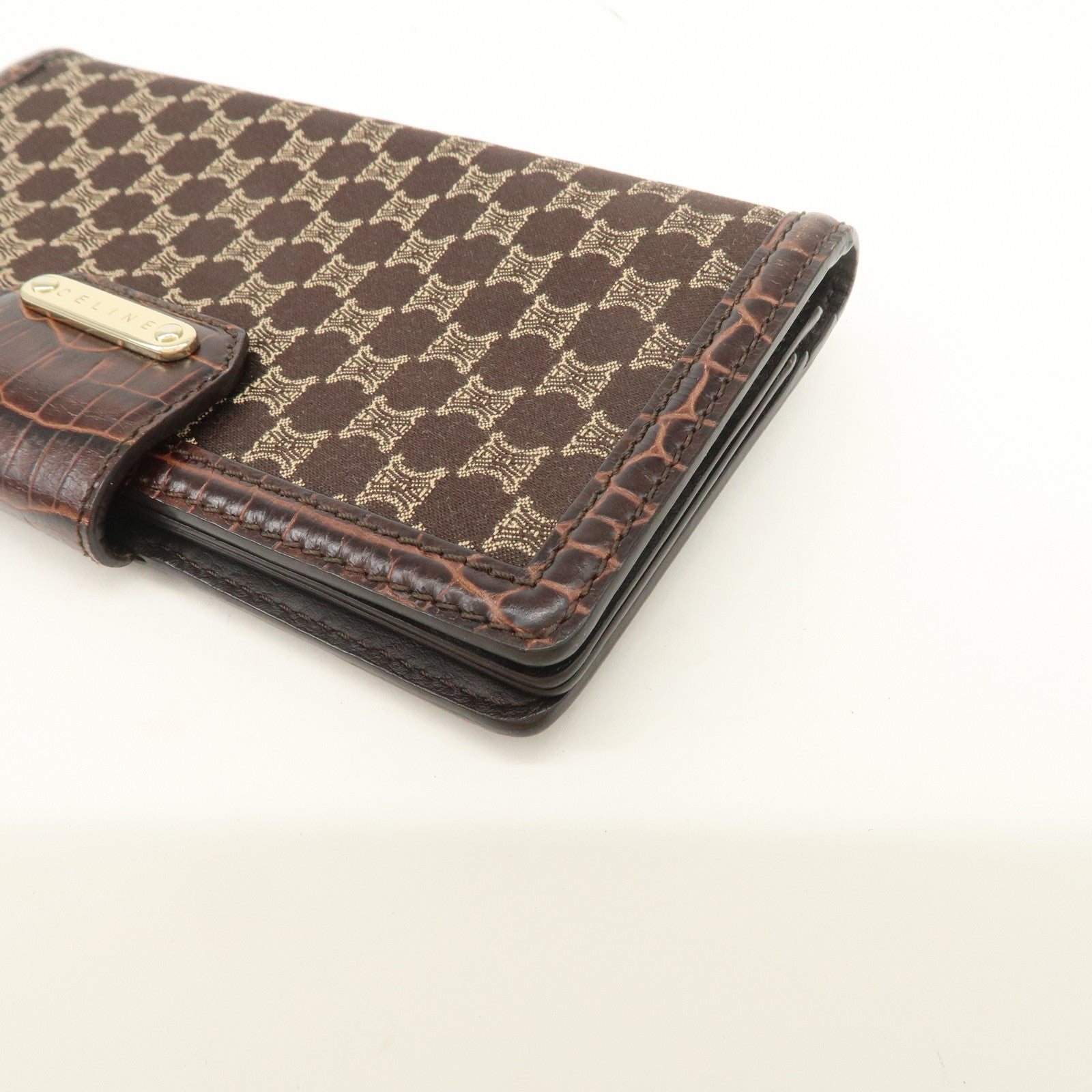 CELINE Macadam Canvas Leather Flap Long Wallet Brown