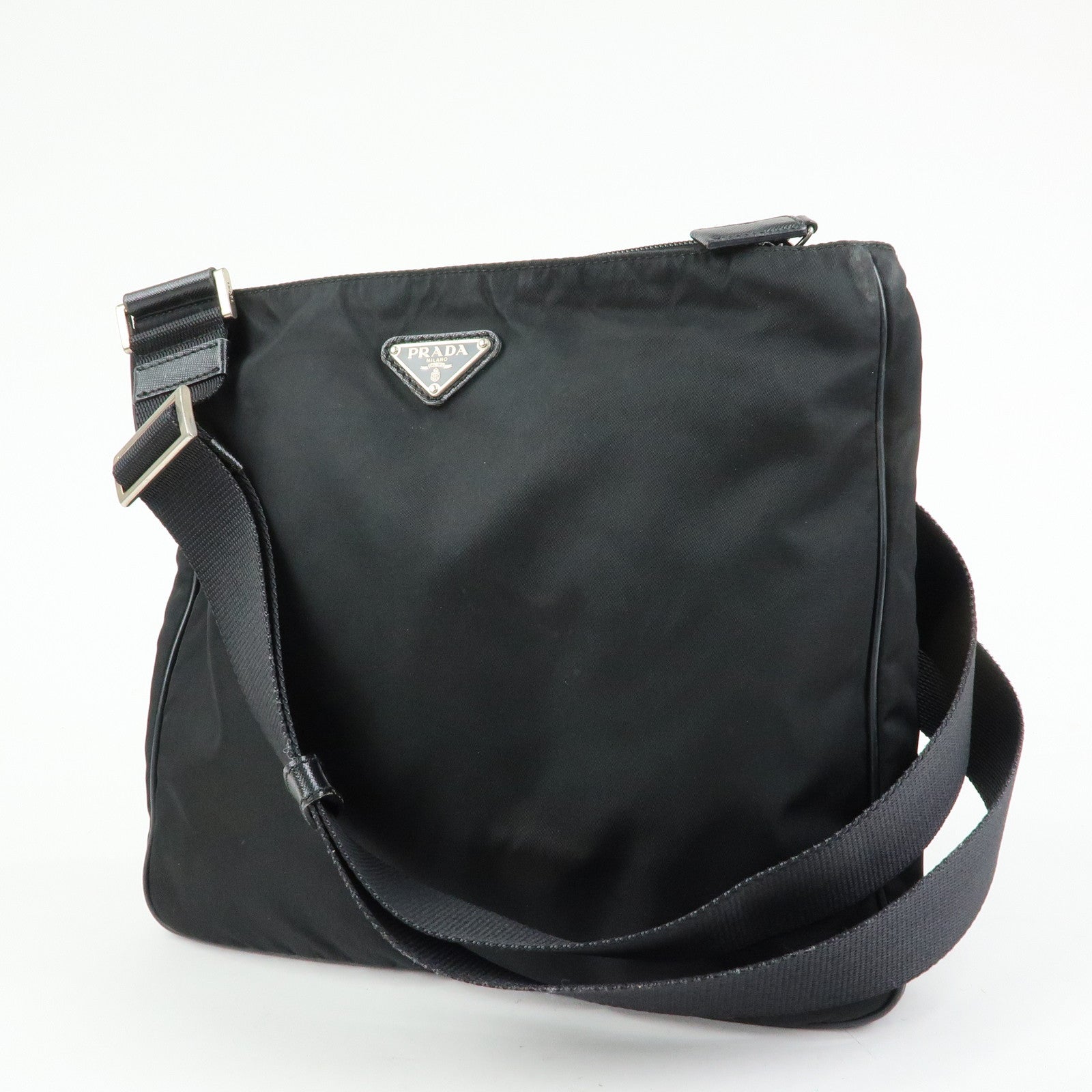 PRADA Triangle Logo Nylon Saffiano Leather Shoulder Bag Black