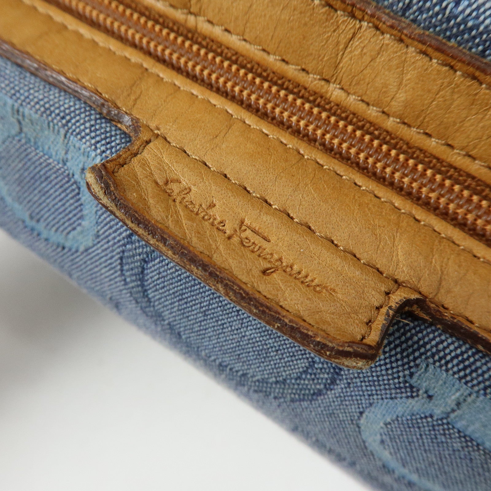 Ferragamo Gancini Canvas Leather Hand Bag Blue Light brown