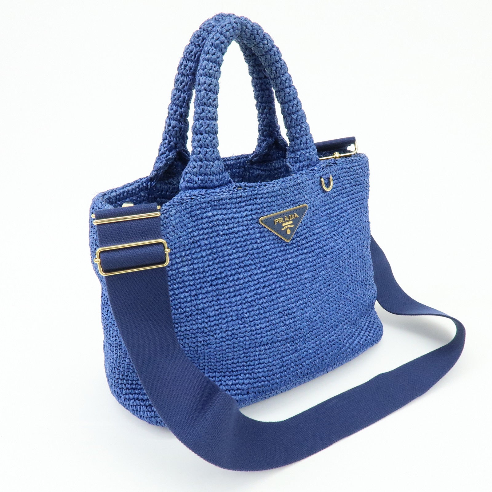 PRADA Triangle Logo Raffia 2Way Hand Bag Shoulder Bag Blue 1BG175