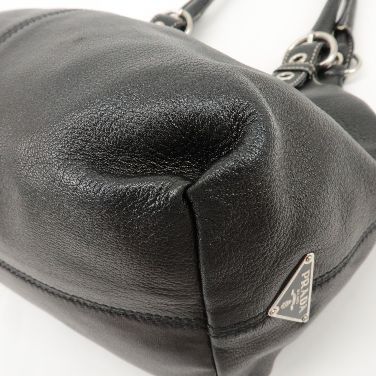 PRADA Triangle Logo Leather Tote Bag Hand Bag Black Used