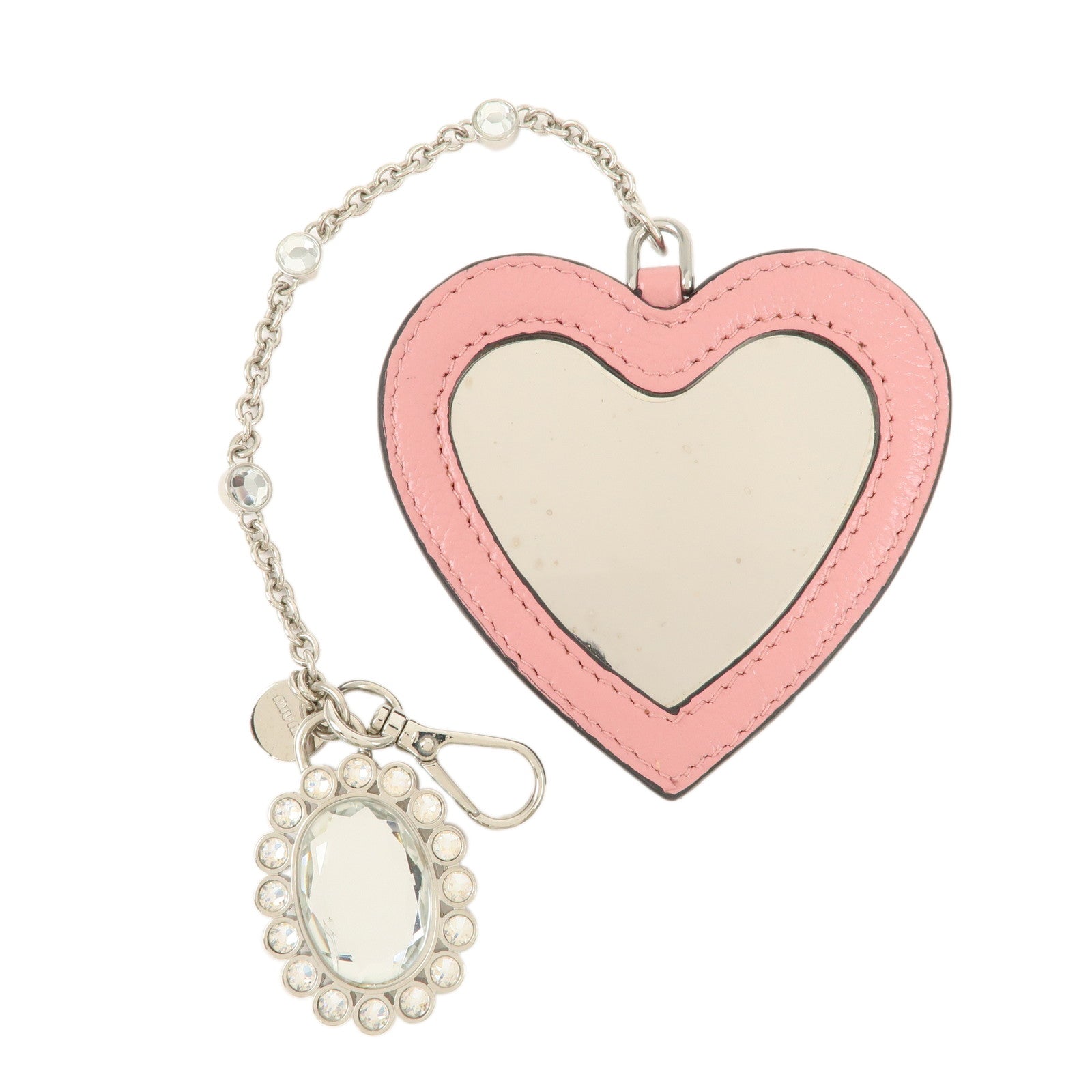MIU MIU Leather Heart Motif Mirror Bag Charm Key Chain Pink 5TL376