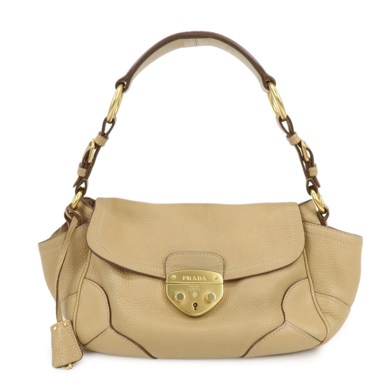 PRADA Logo Leather Shoulder Bag Hand Bag Light Brown BR3869