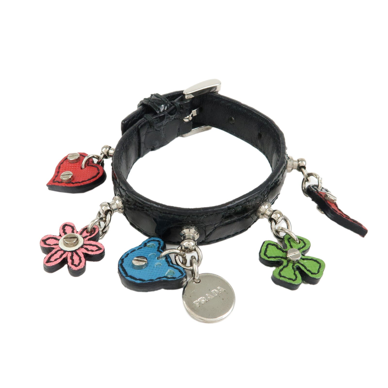 PRADA Patent Saffiano Leather Heart Flower Bear Bracelet Black