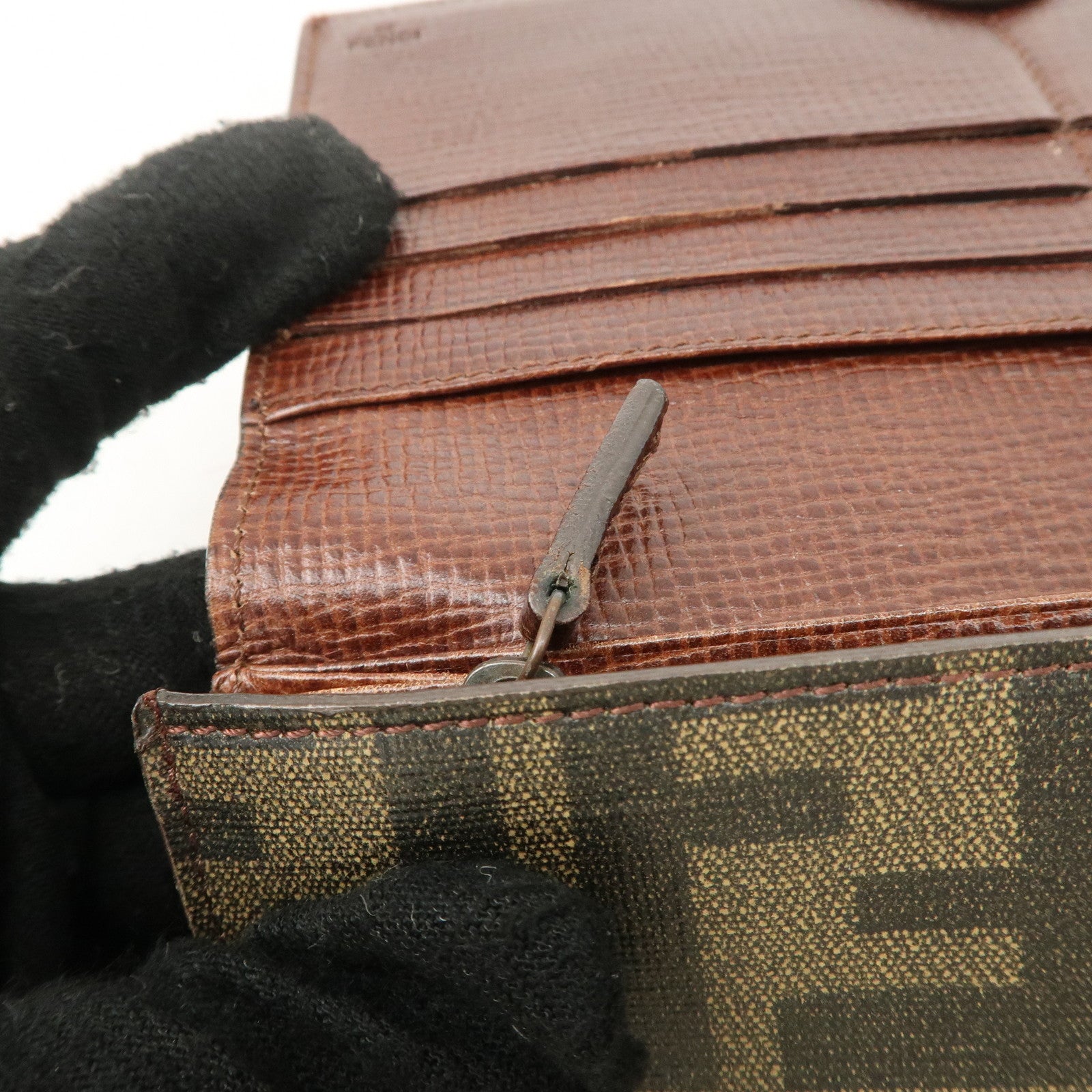 FENDI Zucca PVC Leather Bi-fold Long Wallet Black Brown 8M0000 Used