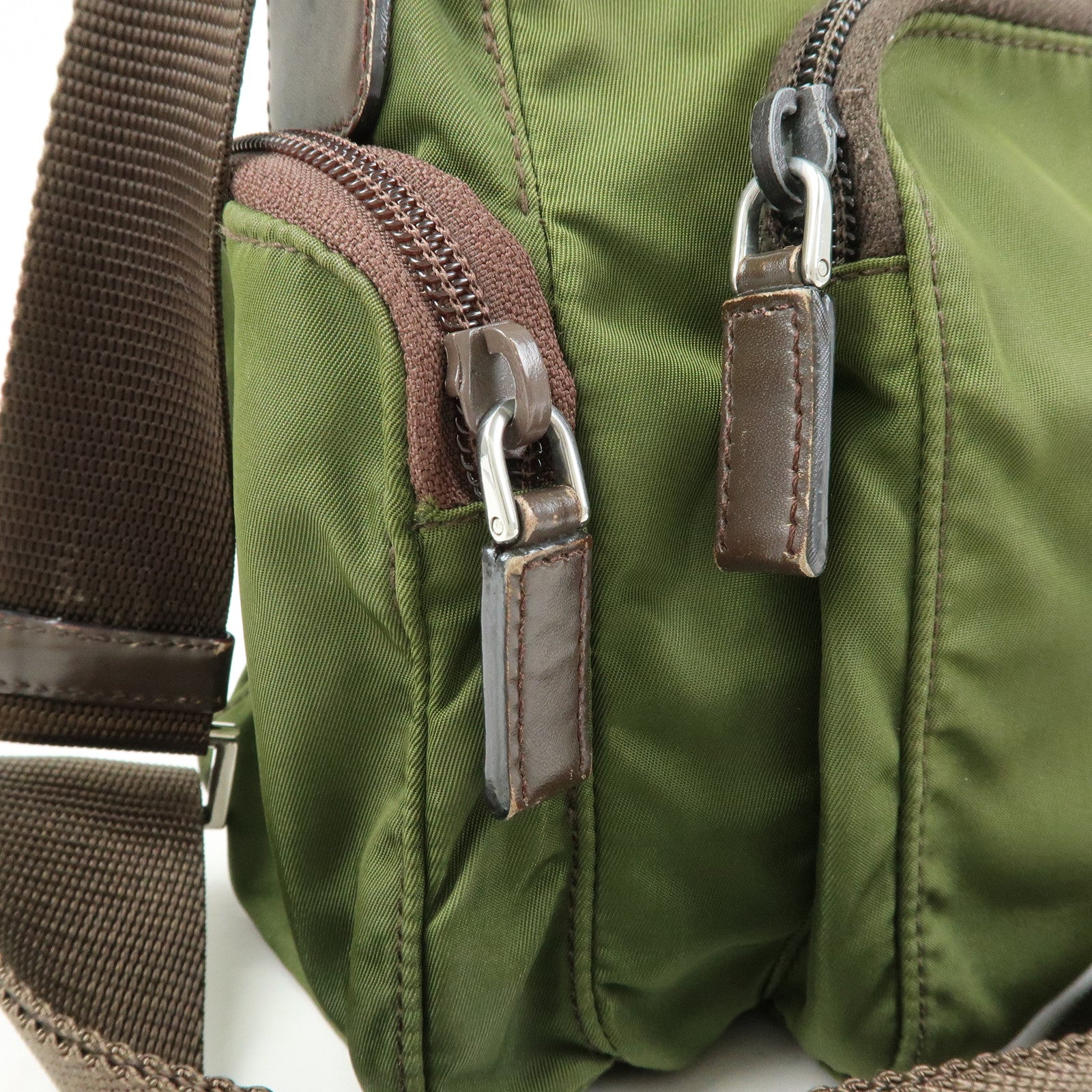 PRADA Triangle Logo Nylon Leather Shoulder Bag Khaki Brown