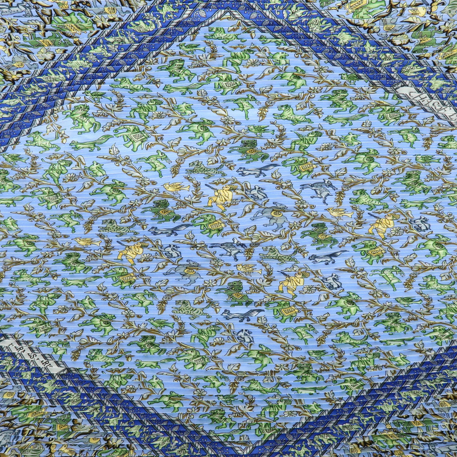 HERMES Pleats Carre Silk 100% Scarf CHASSE EN INDE Blue