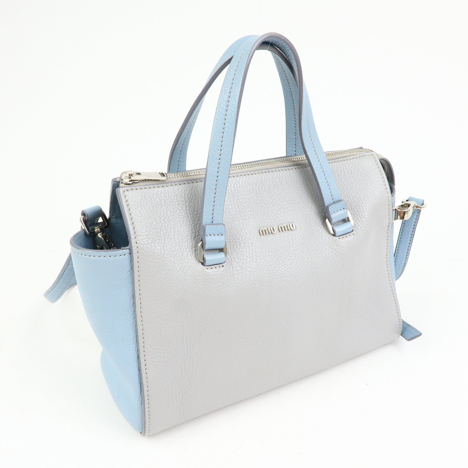 MIU MIU Madras Leather 2Way Bag Hand Bag Gray Light Blue 5BB006