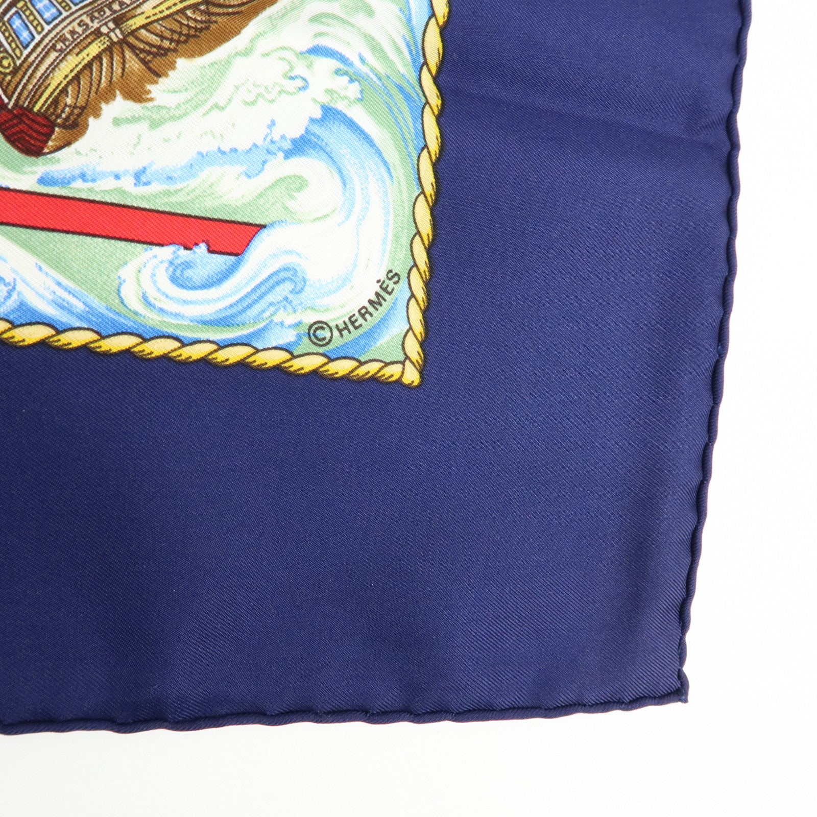 HERMES Carre 90 Silk 100% Scarf VIVE LE VENT Navy Blue Yellow White