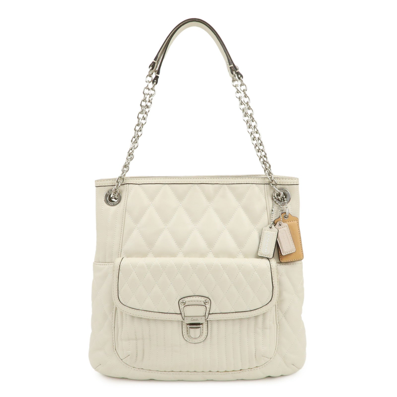 COACH Leather Chain Shoulder Bag Hand Bag Ivory