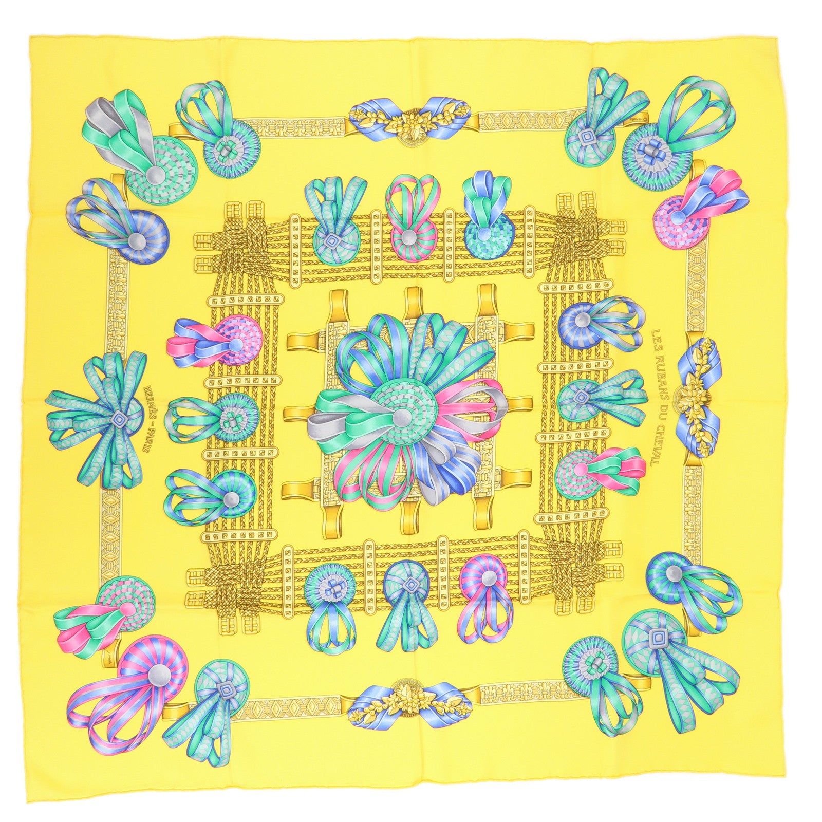 Hermes Carre 90 Silk 100% Scarf LES RUBANS DU CHEVAL Yellow