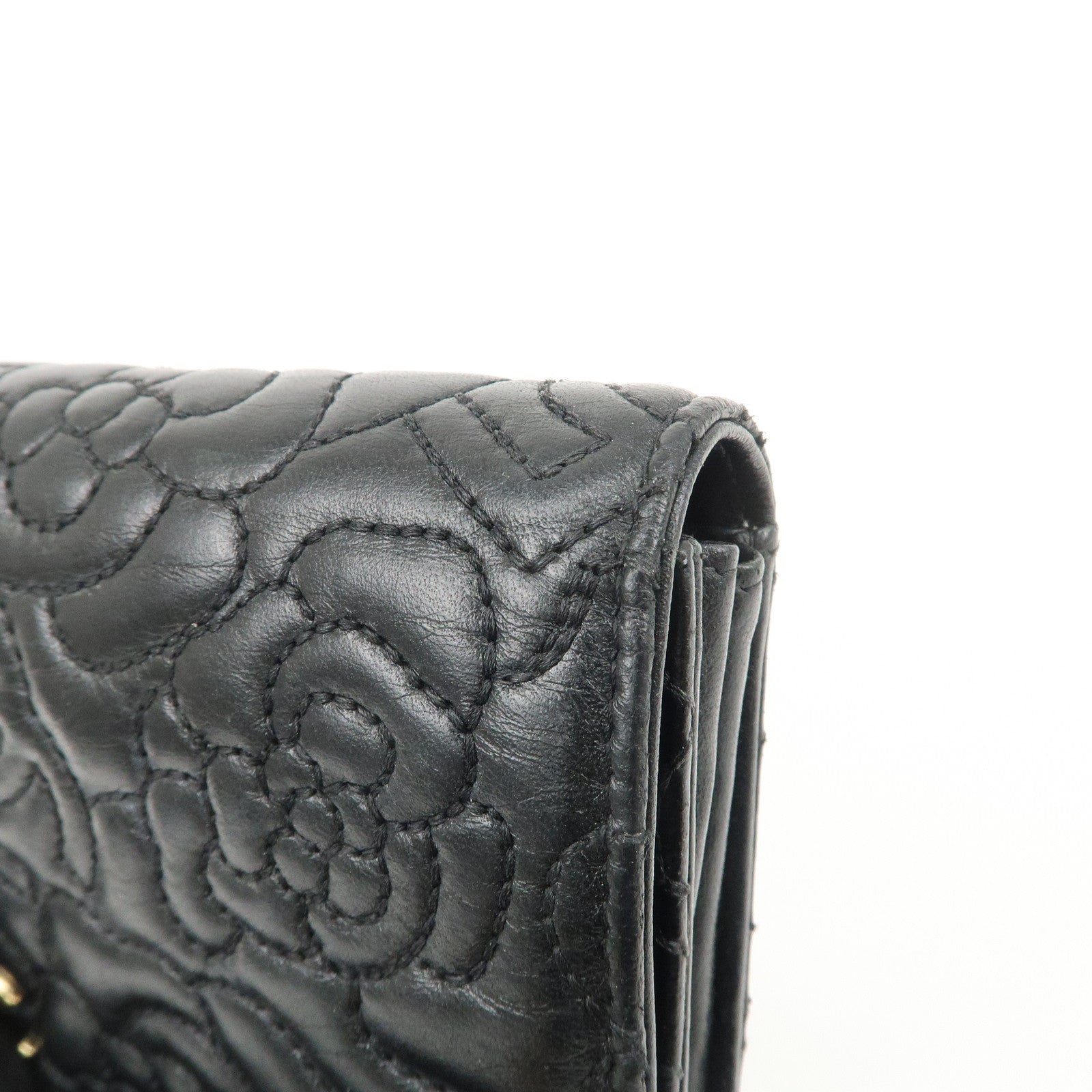 CHANEL Camelia No.5 COCO Mark Lamb Skin Bi-fold Long Wallet A70619 Used