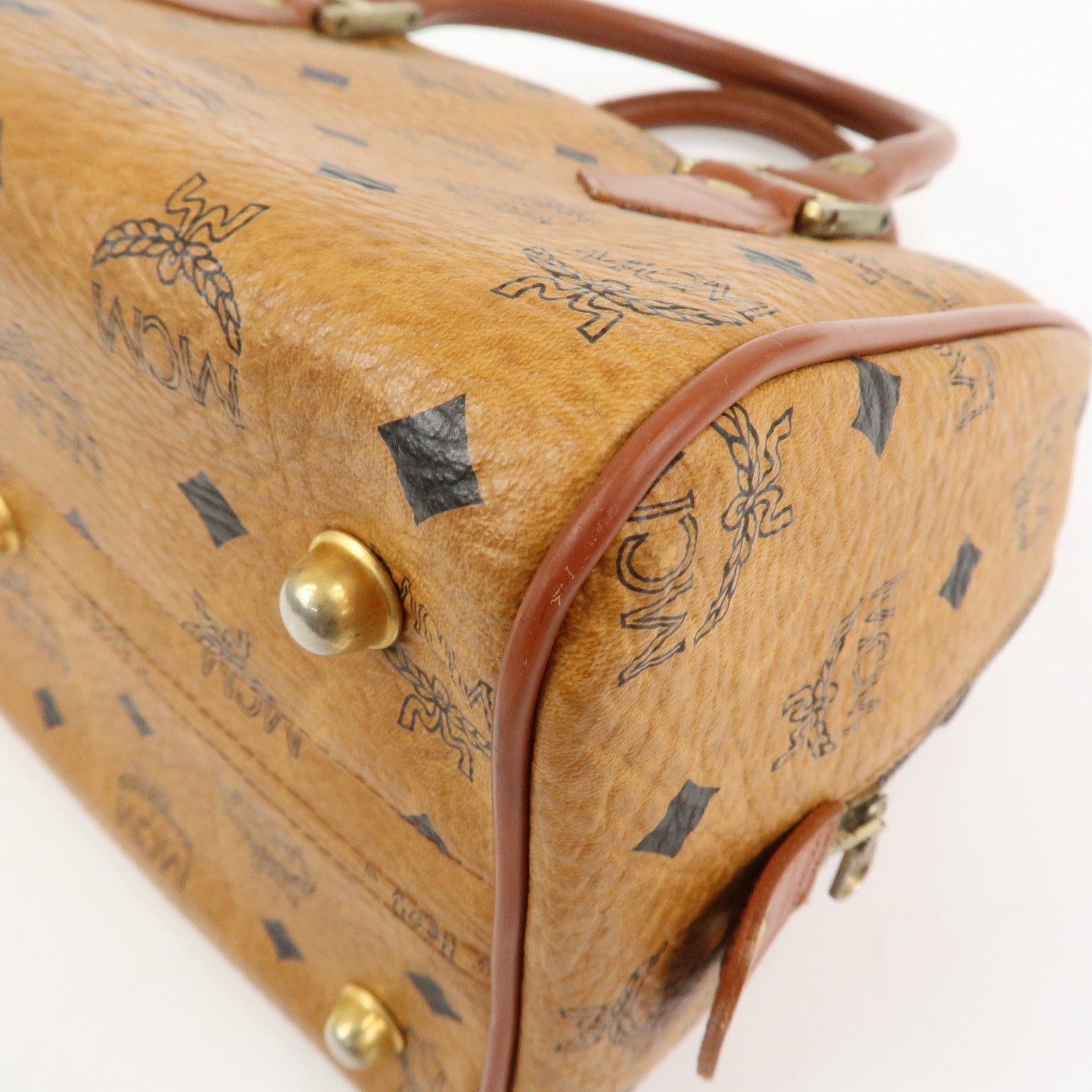 MCM Visetos Leather Boston Bag Hand Bag Brown