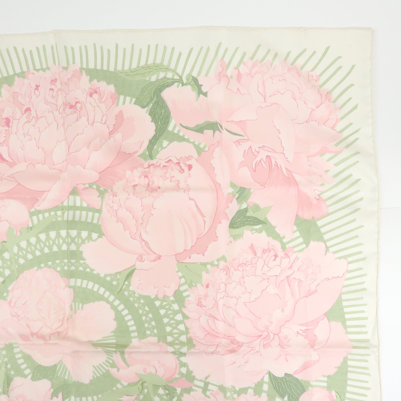 HERMES Carre 90 Silk 100% Scarf Les Pivoines Pink Light Green