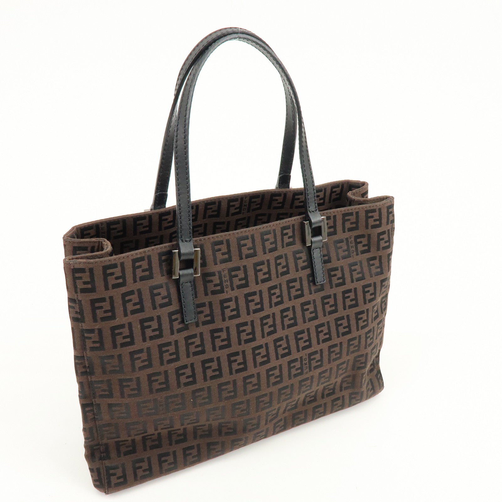 FENDI Zucchino Canvas Leather Tote Bag Shoulder Bag Brown Black