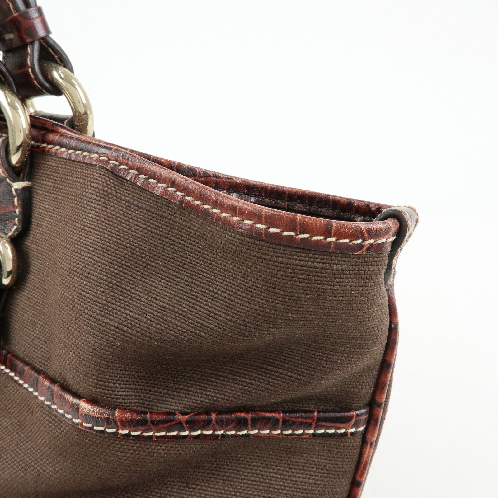 CELINE Logo Canvas Embossed Leather Tote Bag Hand Bag Brown