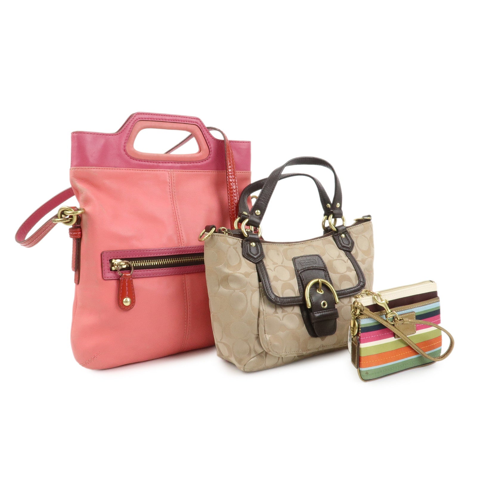 COACH Signature Set of 3 Silk Canvas Leather Hand Bag Pouch Pink