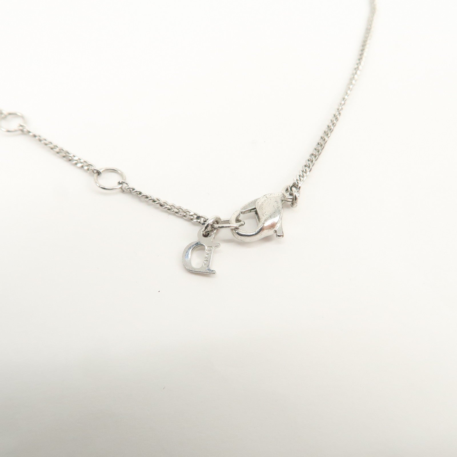 Christian Dior Logo Metal  Rhinestone Necklace Silver