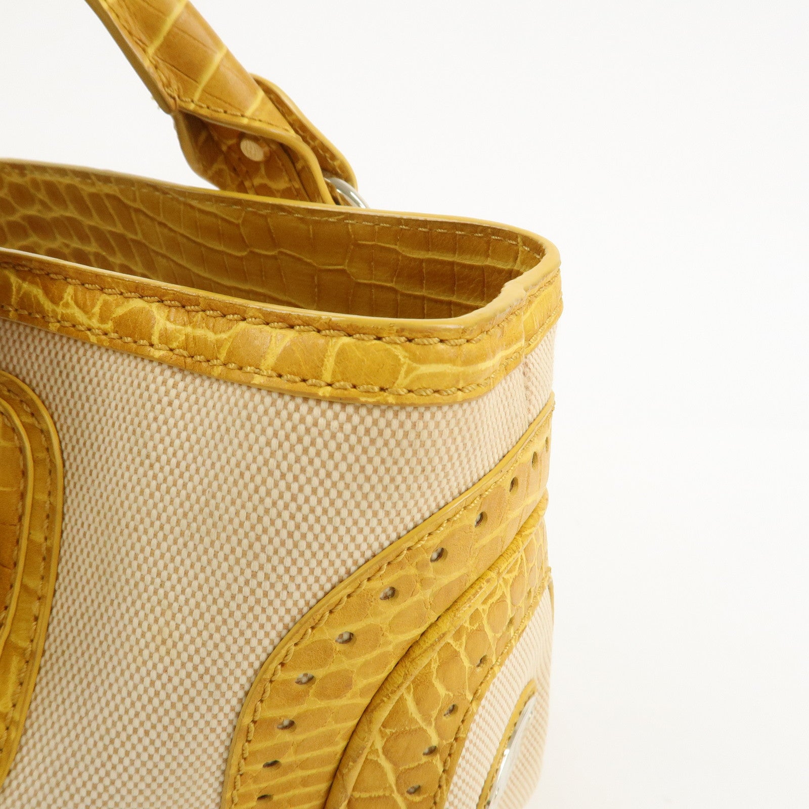 CELINE Boogie Bag Canvas Embossed Leather Hand Bag Natural Yellow