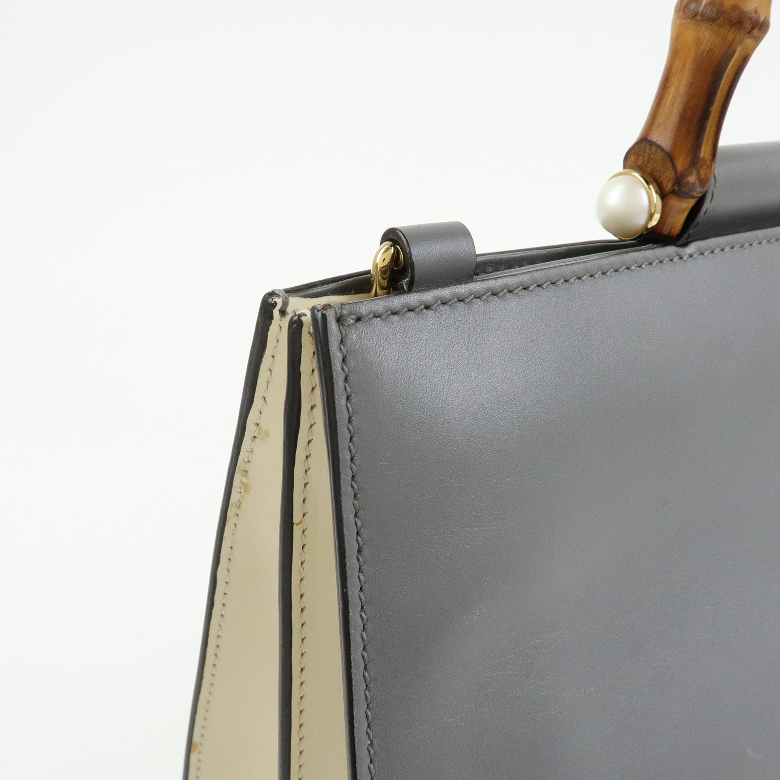GUCCI Sherry Bamboo Nymphaea Leather 2Way Bag Gray White 453764