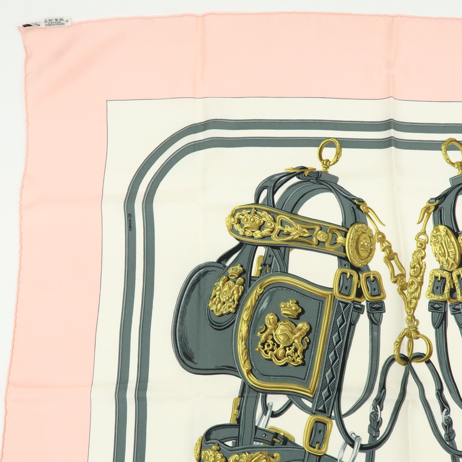 HERMES Carre 90 Silk 100% BRIDES DE GALA Scarf Light Pink White
