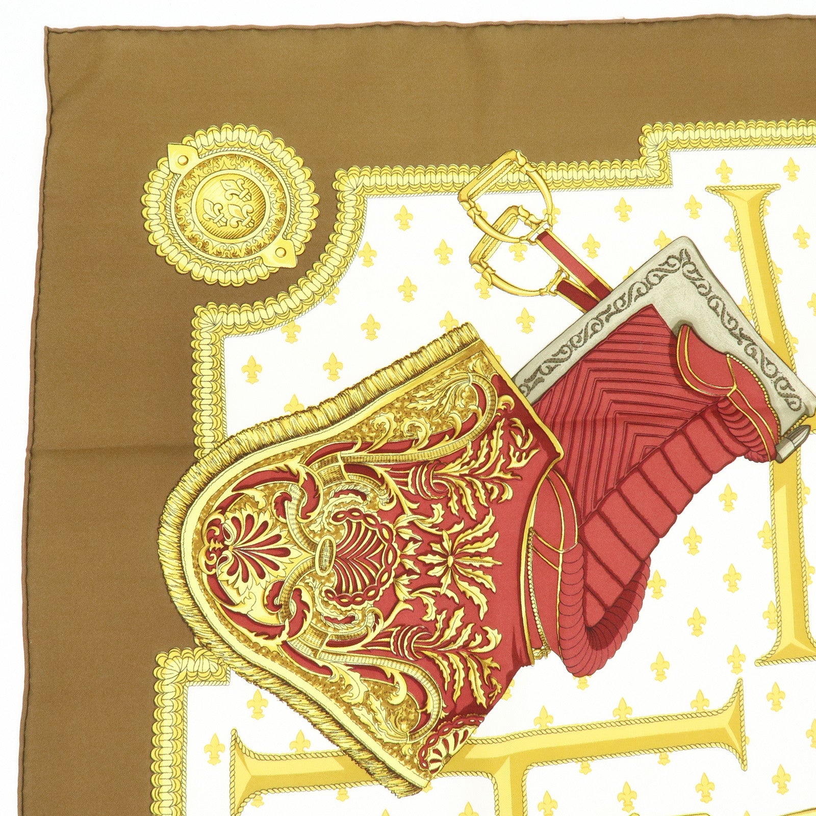 HERMES Carre 90 Silk 100% Scarf SELLES A HOUSSE Gold Brown