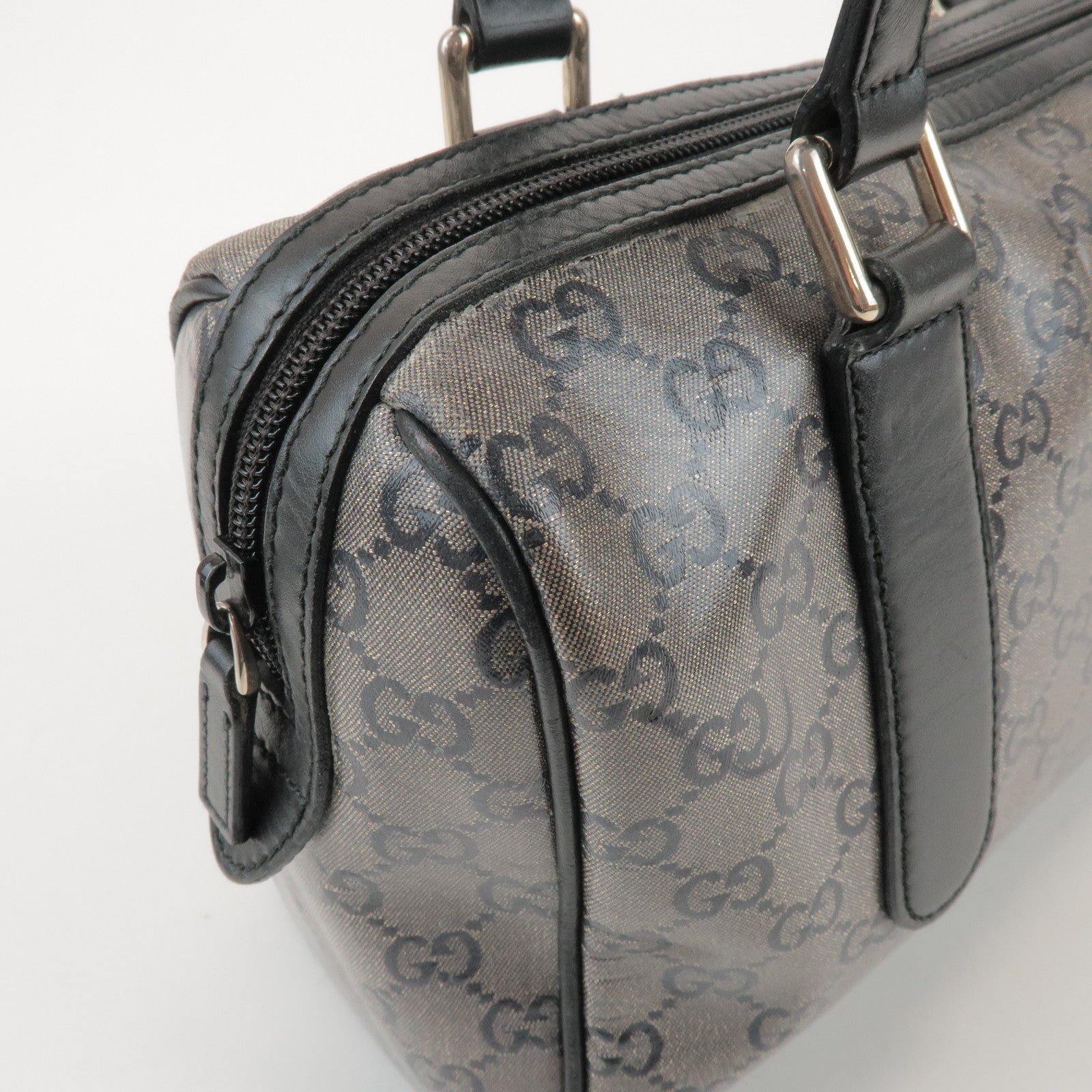 GUCCI GG Crystal Leather Boston Bag Hand Bag Silver Black 257289