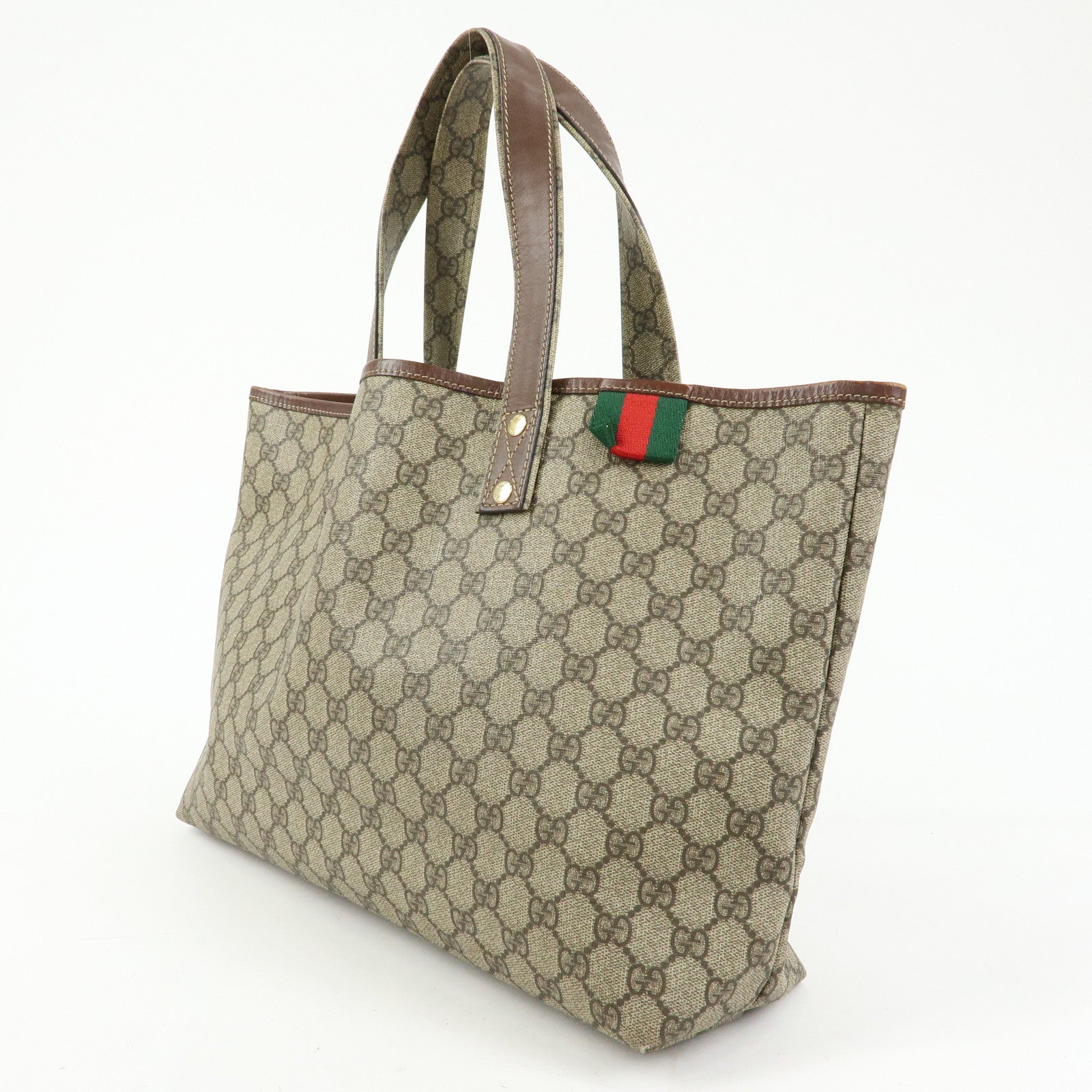 GUCCI GG Supreme Sherry Leather Tote Bag Beige Brown 211134