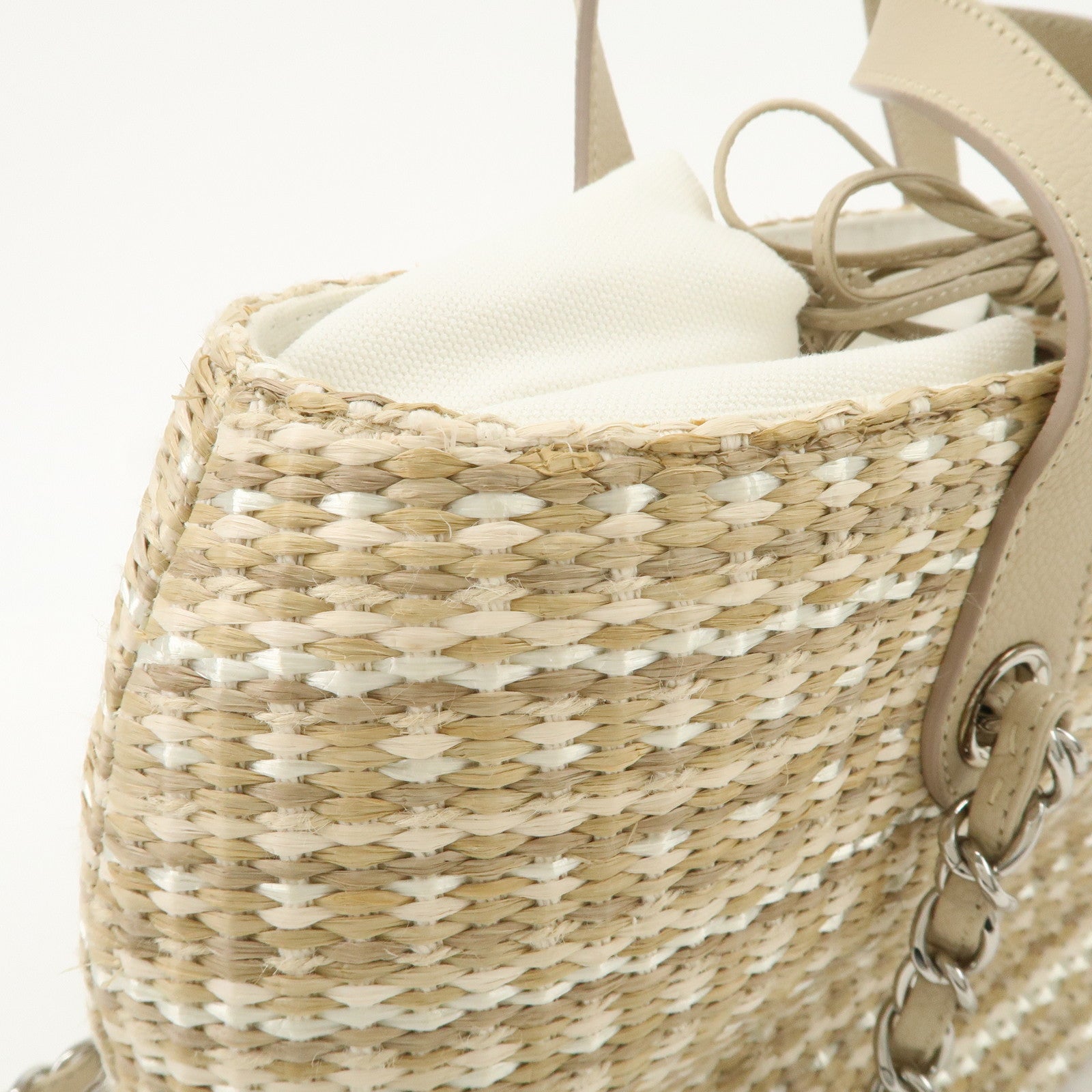 CHANEL Lether Raffia 2Way Bag Shoulder Bag Hand Bag Beige