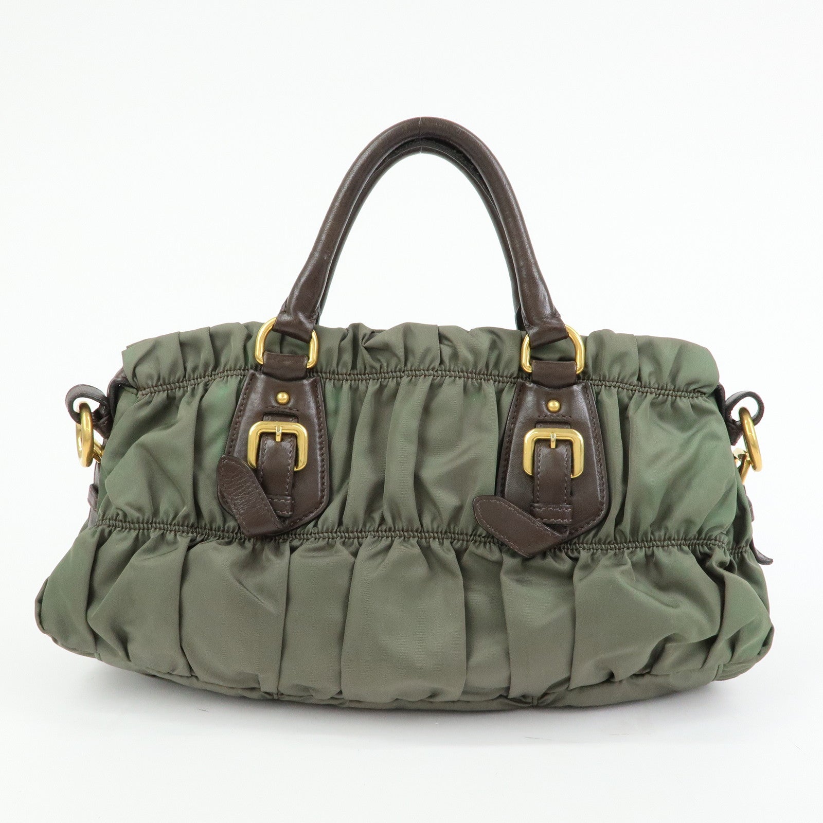 PRADA Nylon Leather Gathered 2Way Bag Hand Bag Khaki BN1407