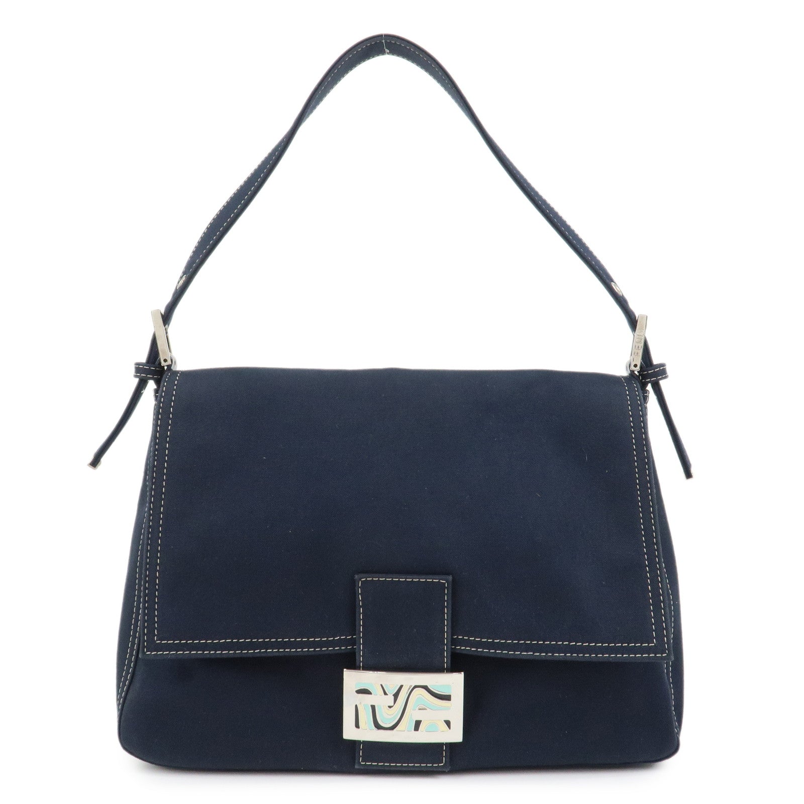 FENDI Mamma Baguette Canvas Shoulder Bag Hand Bag Navy 26325