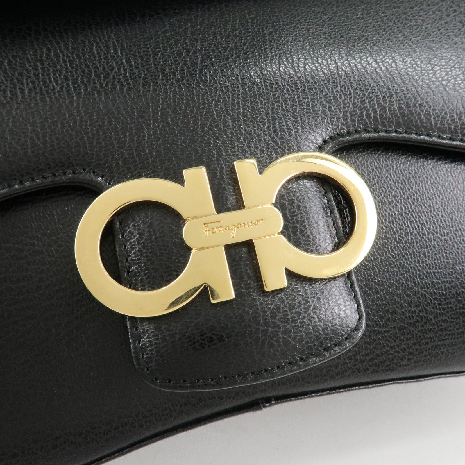 Ferragamo Ganchini Leather Shoulder Bag Hand Bag Black Used