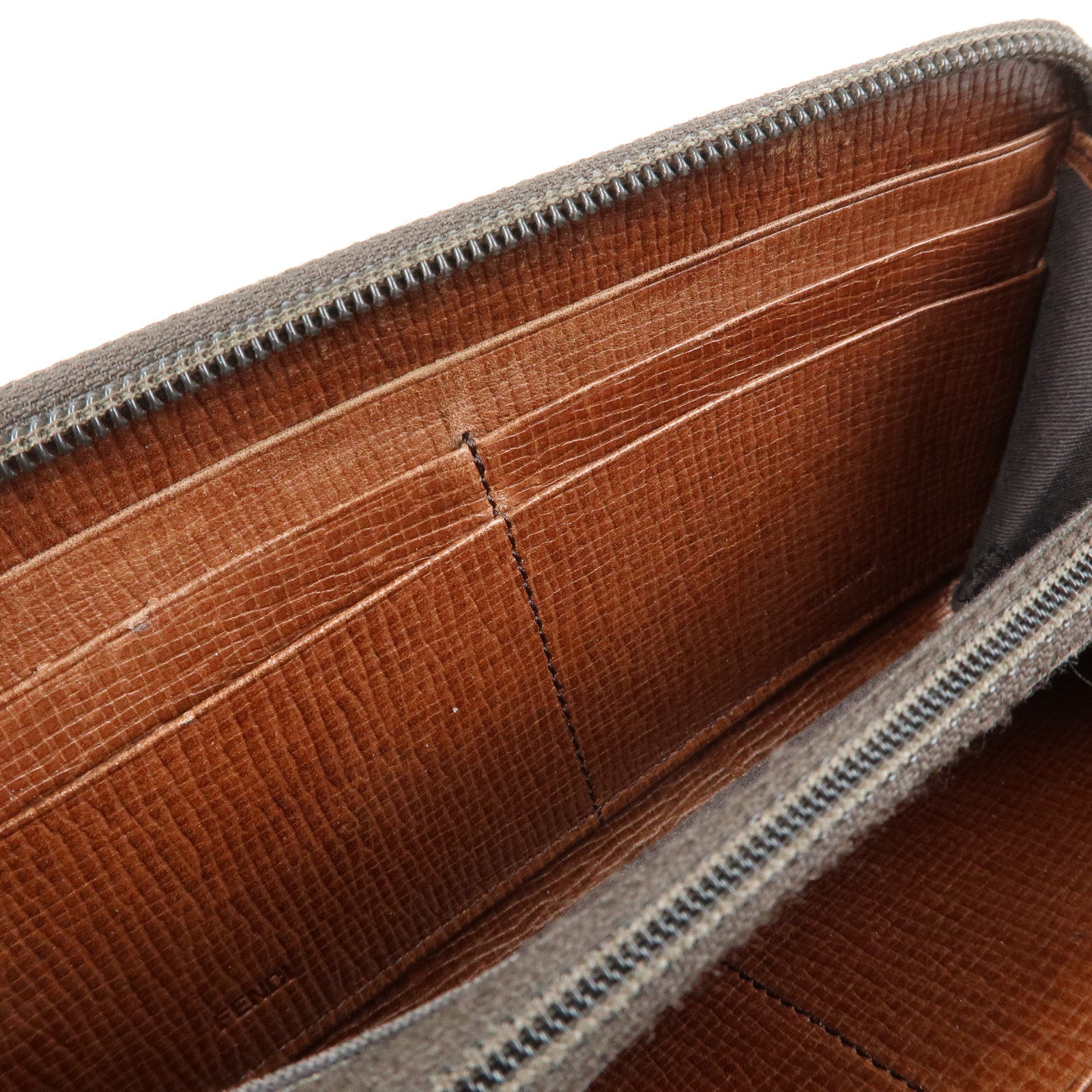 FENDI Zucchino Canvas Leather Round Zippy Long Wallet Brown 8M0024
