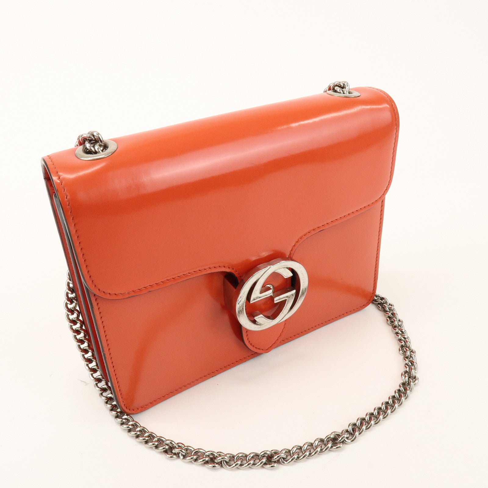 GUCCI Interlocking G Patent Leather Chain ShoulderBag Orange 387609