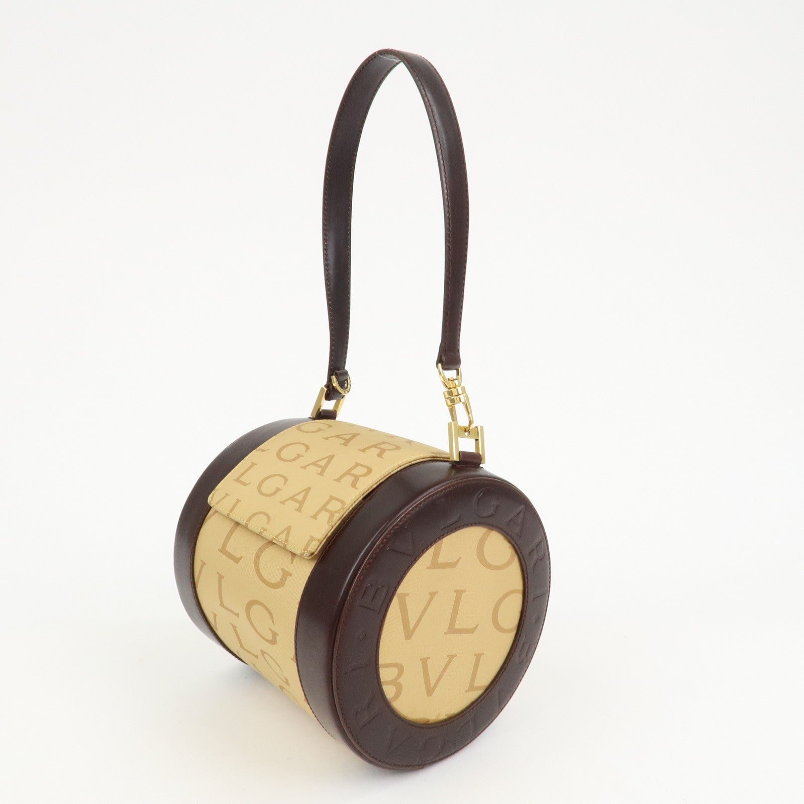 BVLGARI B-zero1Drum Leather Silk Shoulder Bag Hand Bag Beige Brown