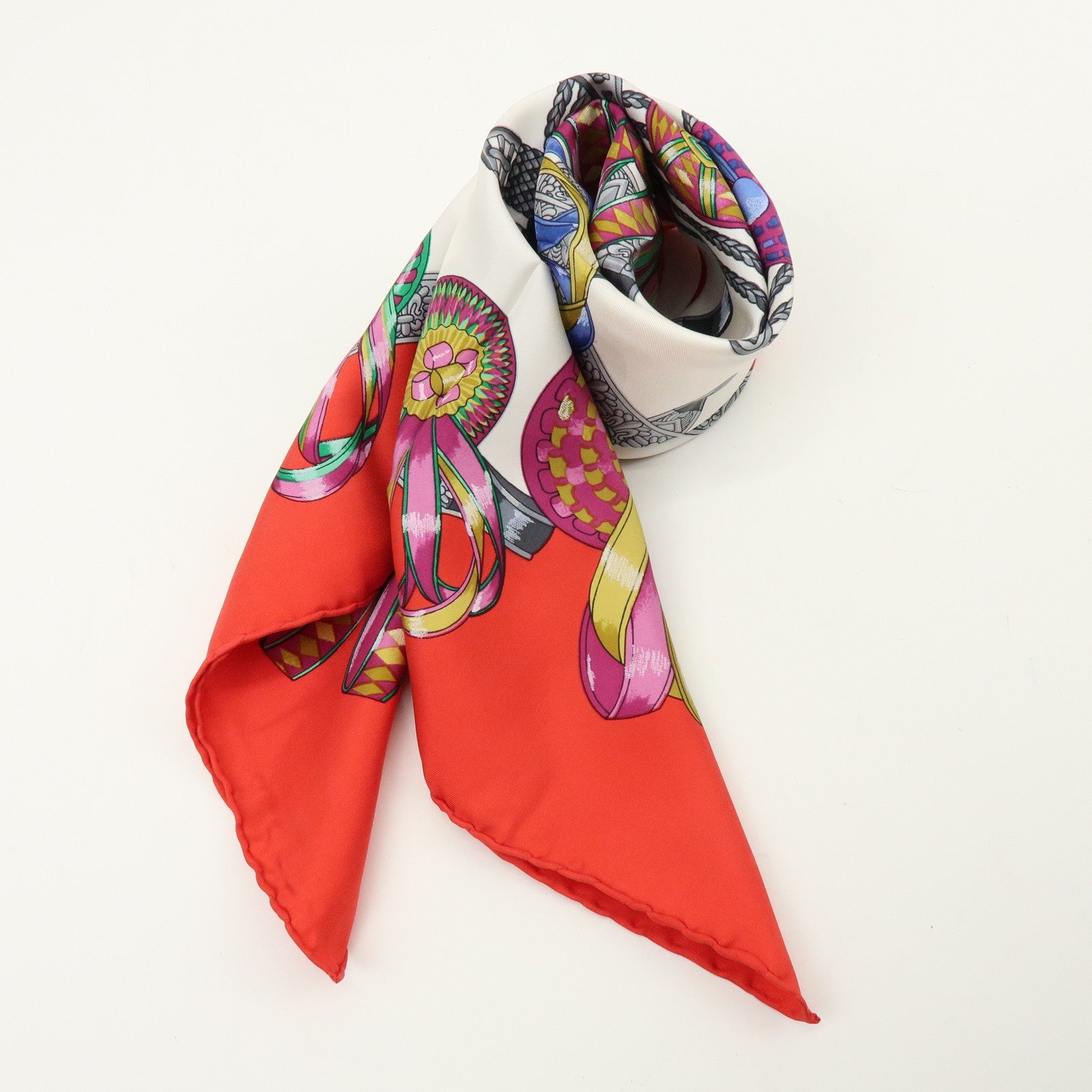 HERMES Carre 90 Silk 100% LES RUBANS DU CHEVAL Scarf White Red