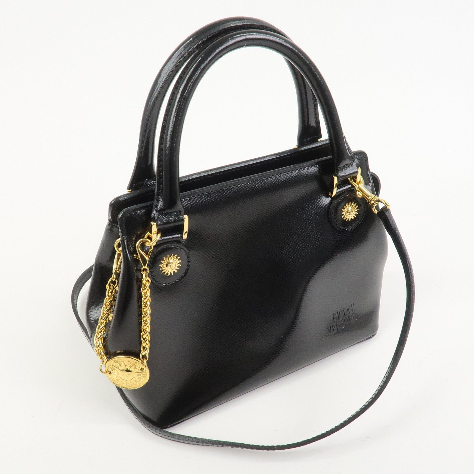 VERSACE Leather 2Way Hand Bag Shoulder Bag Black Gold