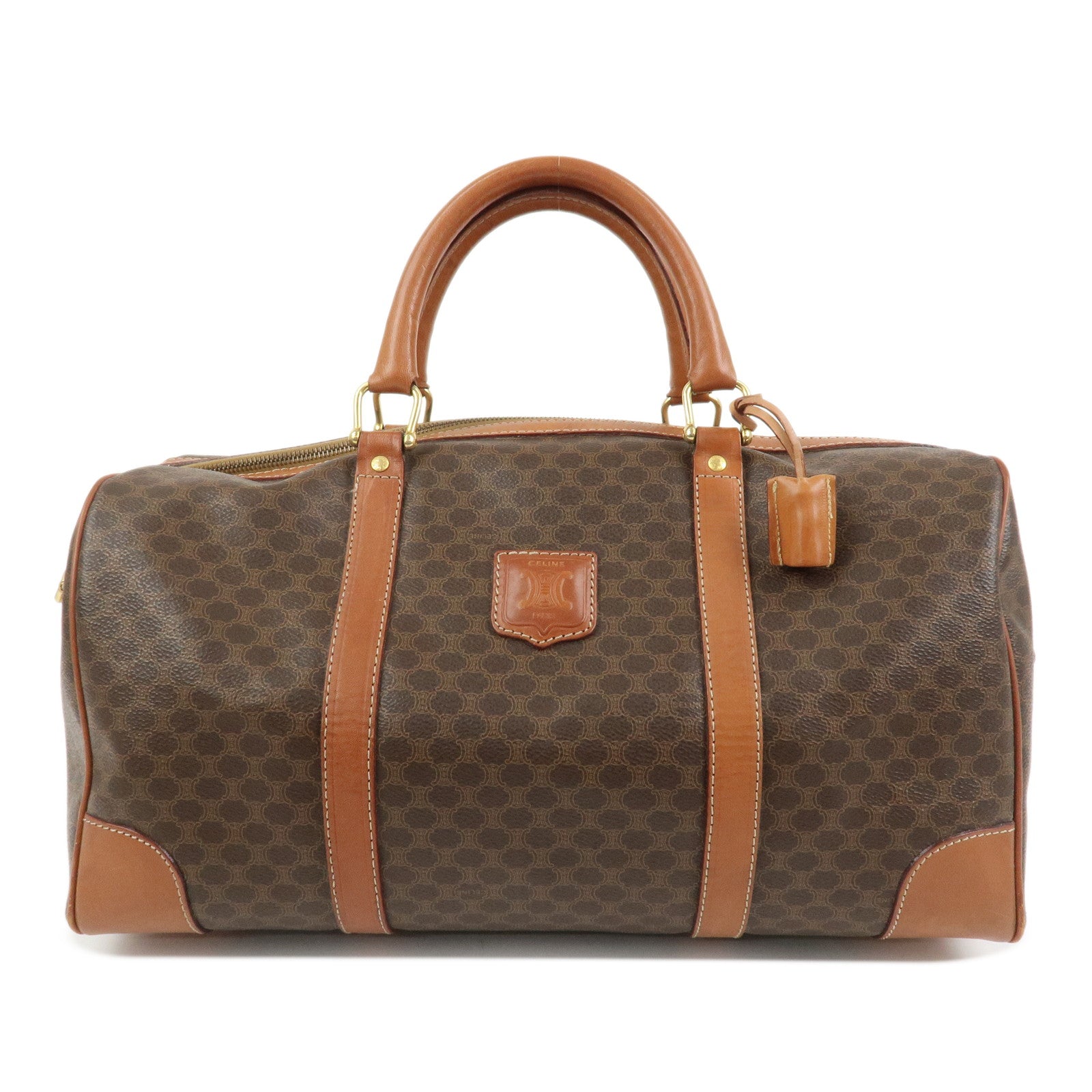 CELINE Macadam PVC Canvas Leather Boston Bag Hand Bag Brown